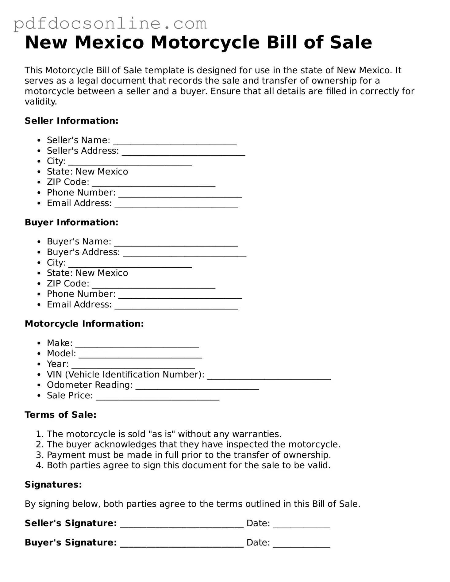 Attorney-Verified  Motorcycle Bill of Sale Form for New Mexico