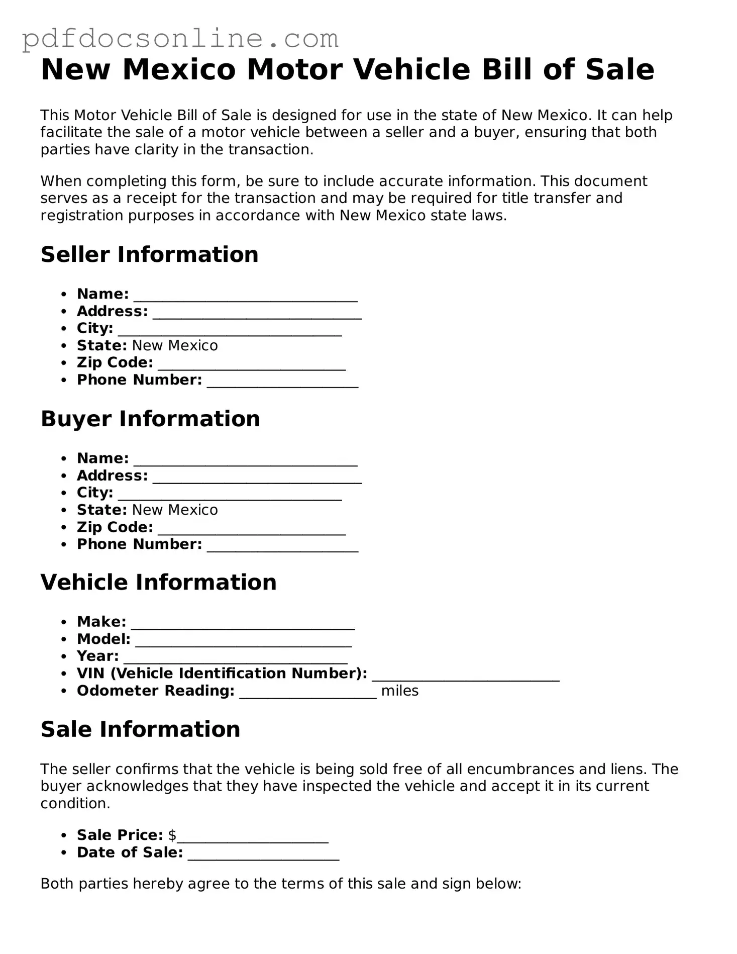 Attorney-Verified  Motor Vehicle Bill of Sale Form for New Mexico