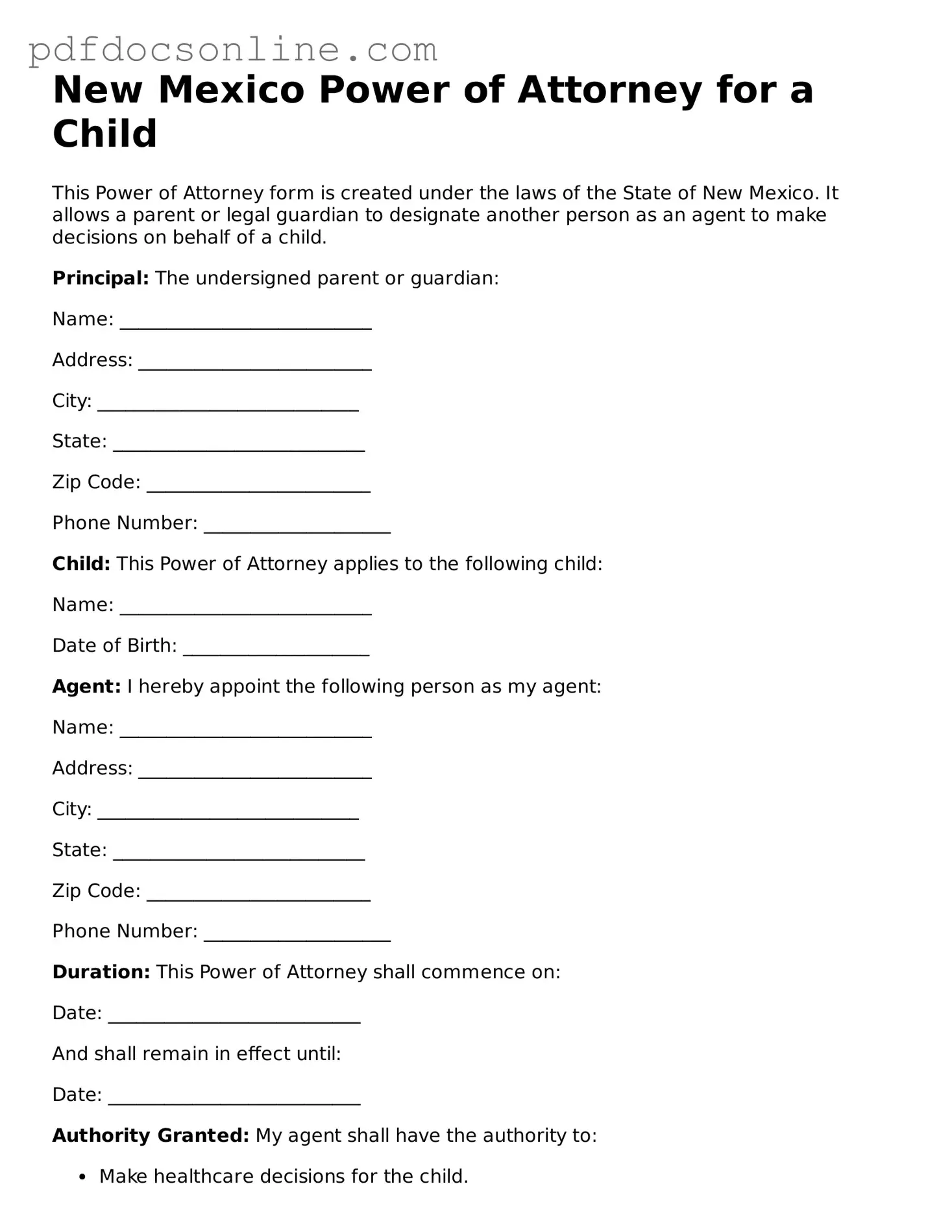 Attorney-Verified  Power of Attorney for a Child Form for New Mexico