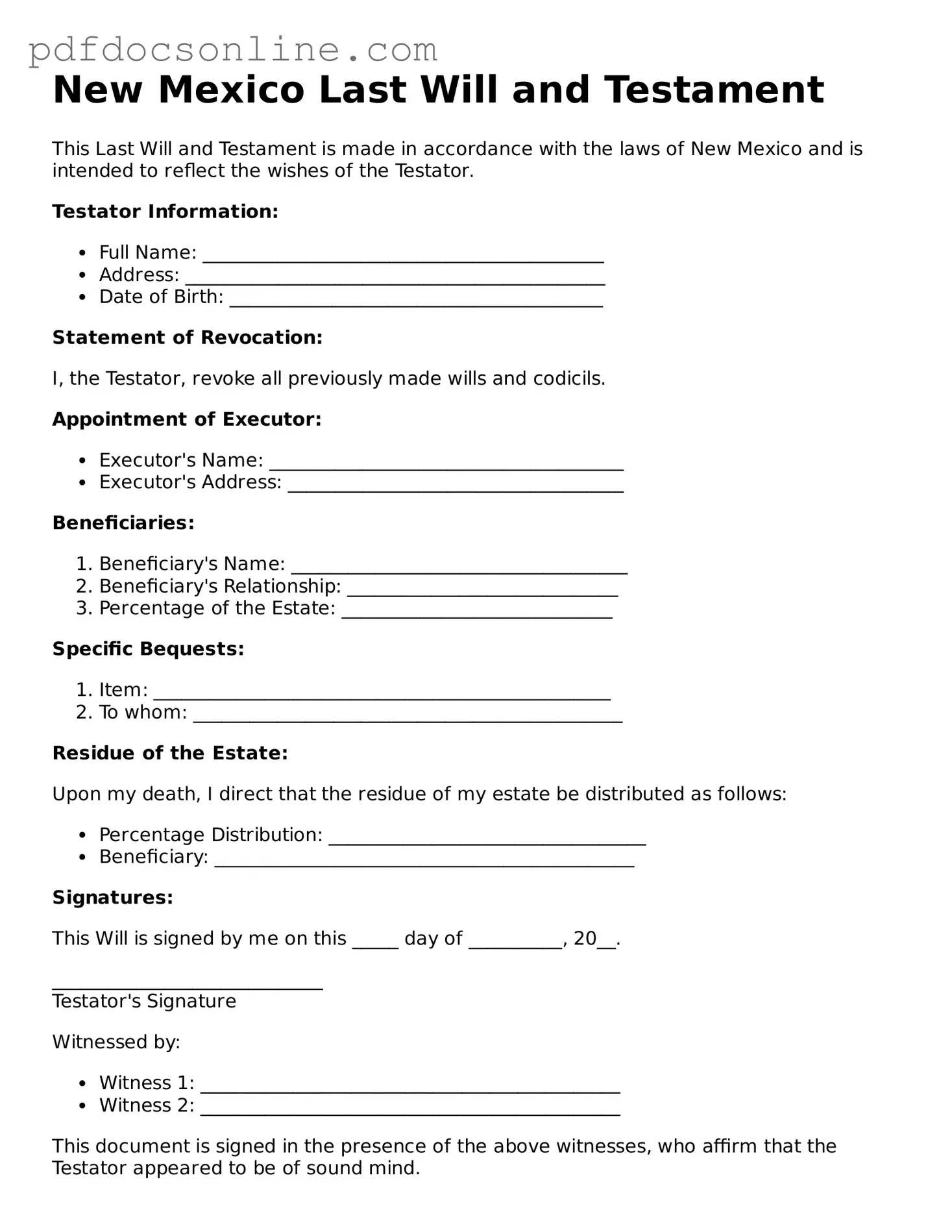 Attorney-Verified  Last Will and Testament Form for New Mexico