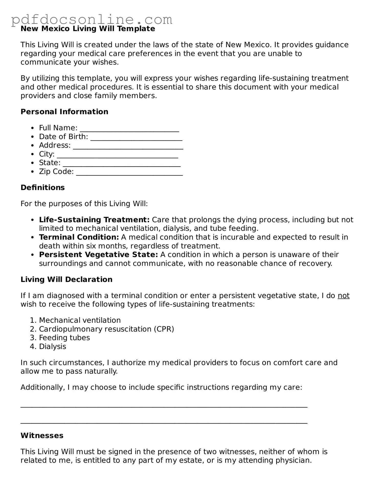 Attorney-Verified  Living Will Form for New Mexico