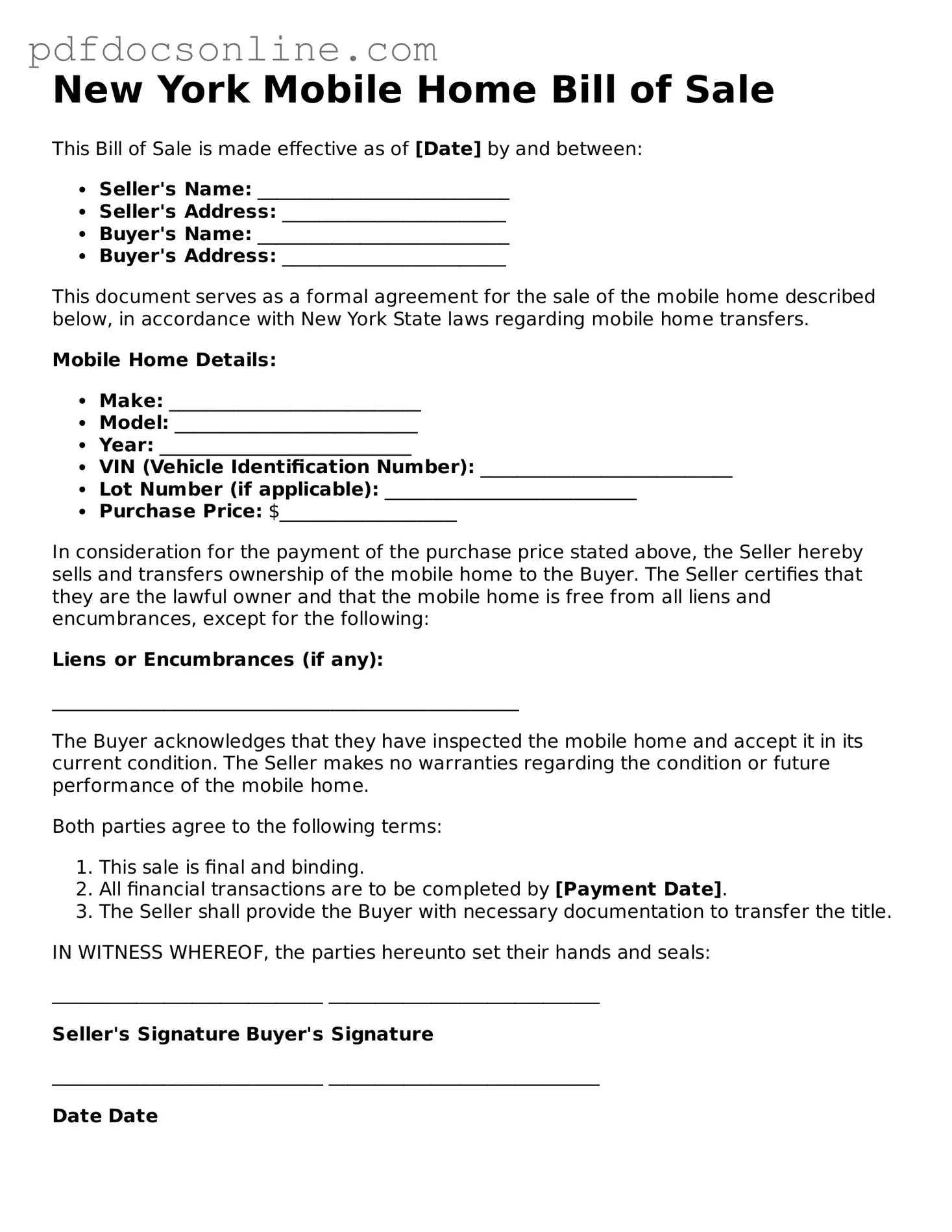 Attorney-Verified  Mobile Home Bill of Sale Form for New York