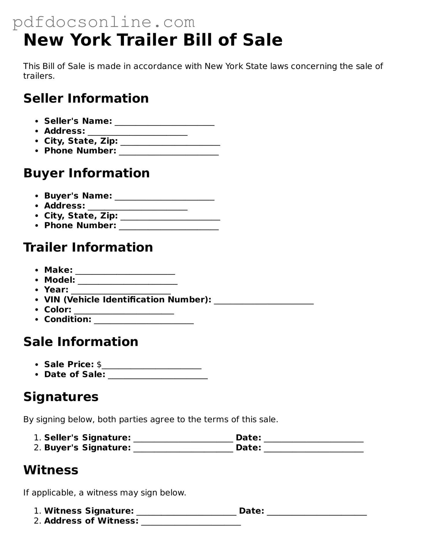 Attorney-Verified  Trailer Bill of Sale Form for New York