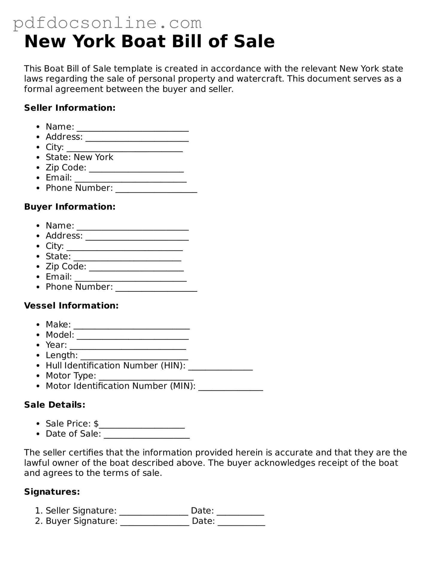 Attorney-Verified  Boat Bill of Sale Form for New York