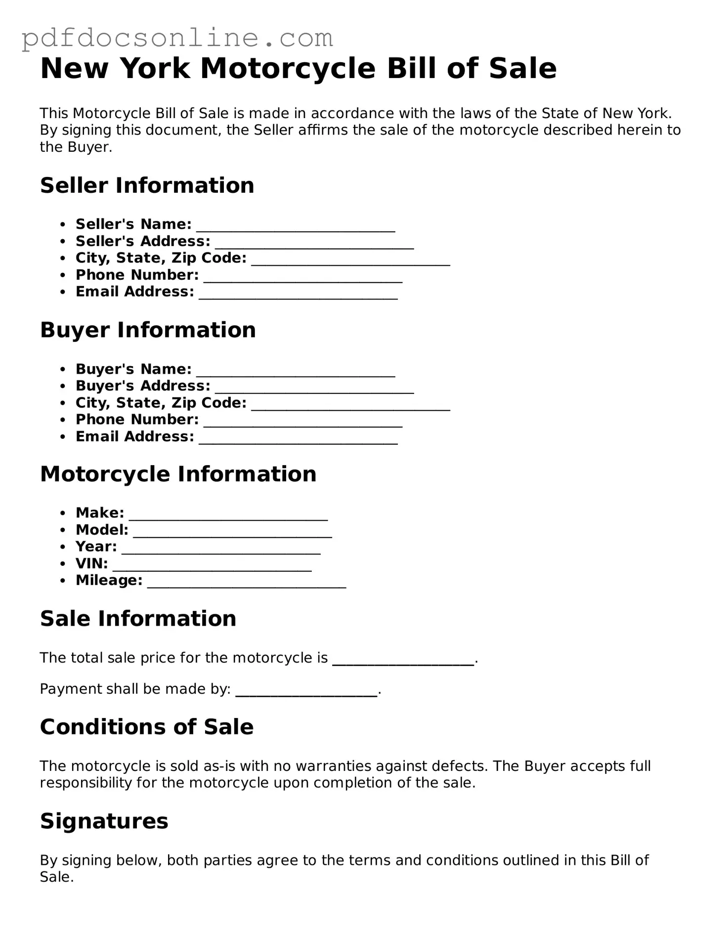 Attorney-Verified  Motorcycle Bill of Sale Form for New York