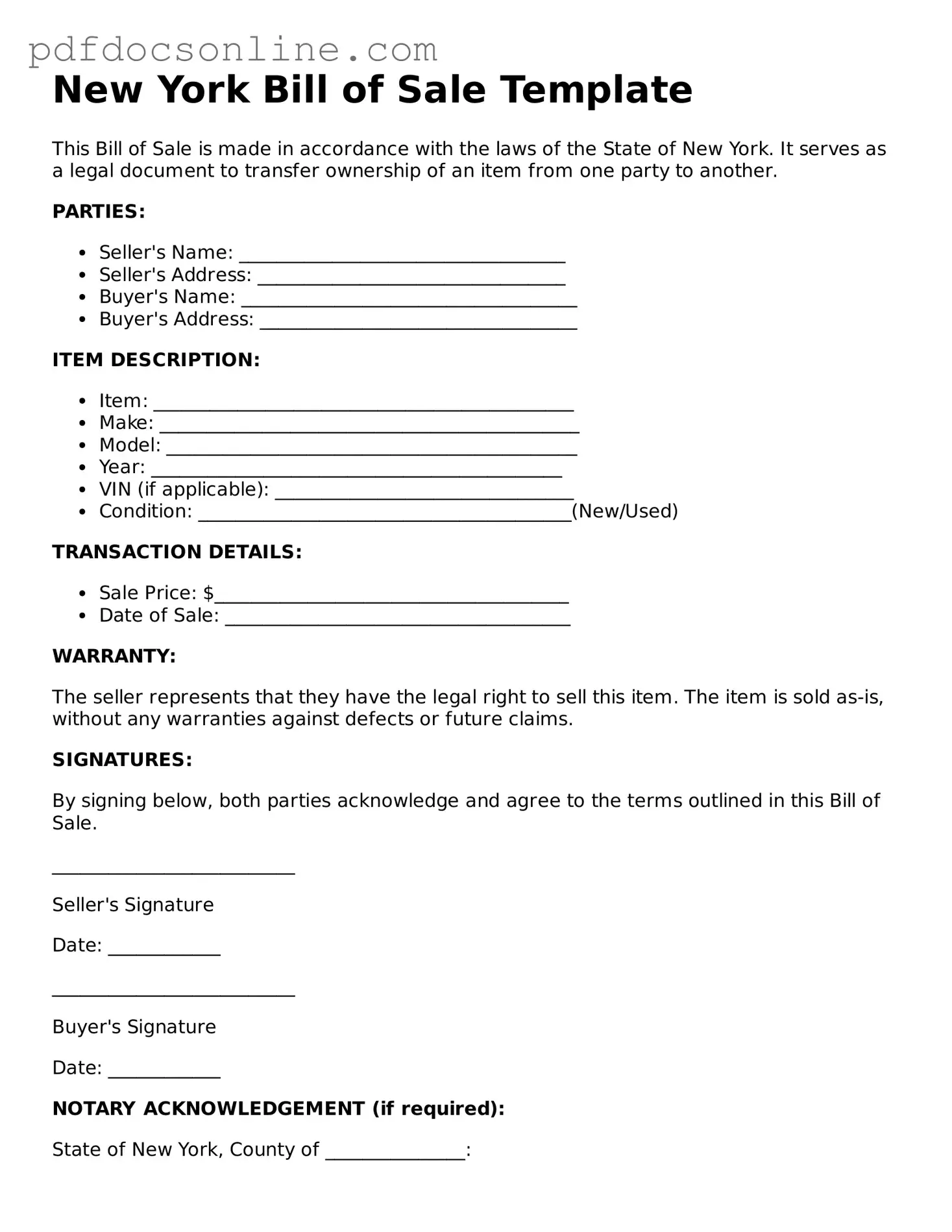Attorney-Verified  Bill of Sale Form for New York