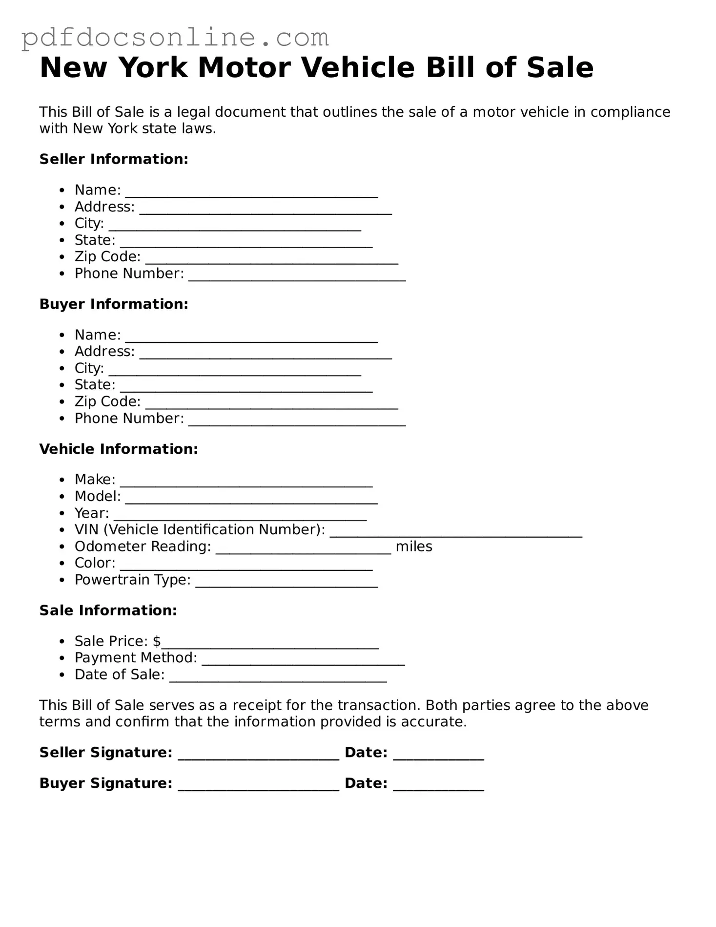 Attorney-Verified  Motor Vehicle Bill of Sale Form for New York