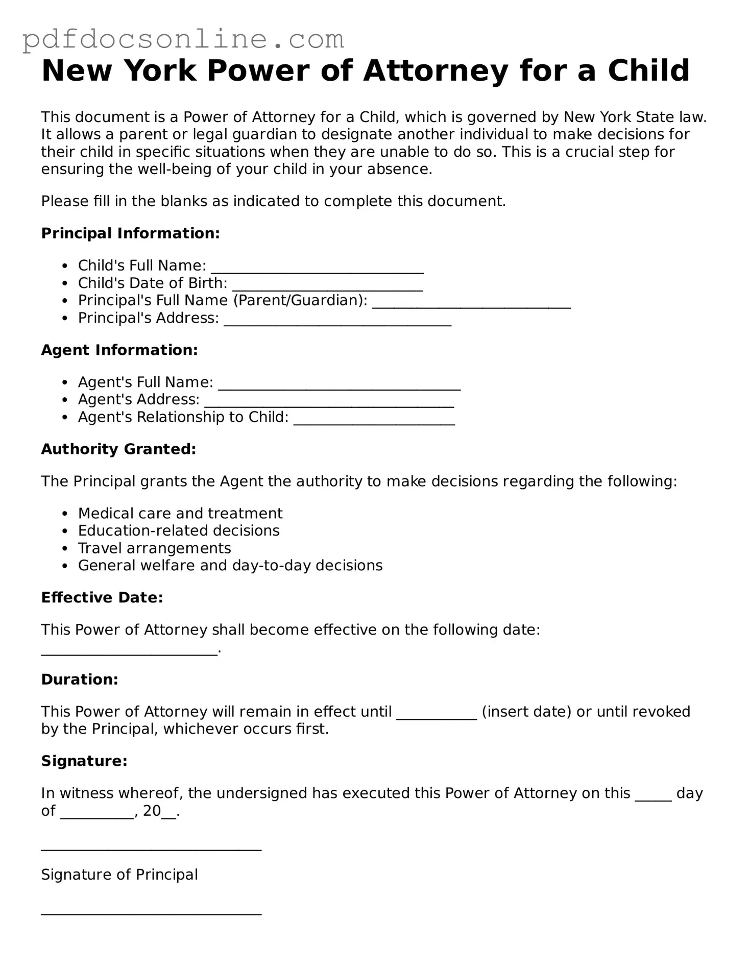 Attorney-Verified  Power of Attorney for a Child Form for New York