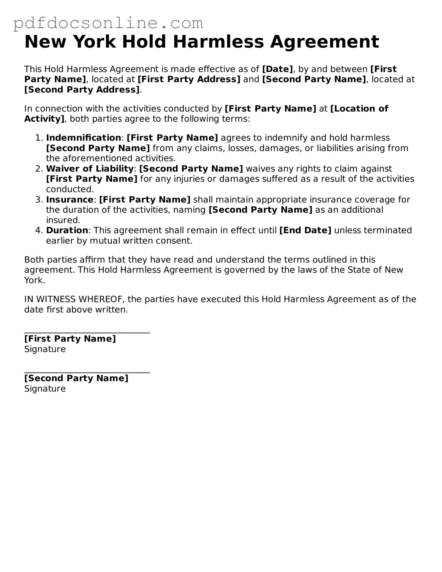Attorney-Verified  Hold Harmless Agreement Form for New York