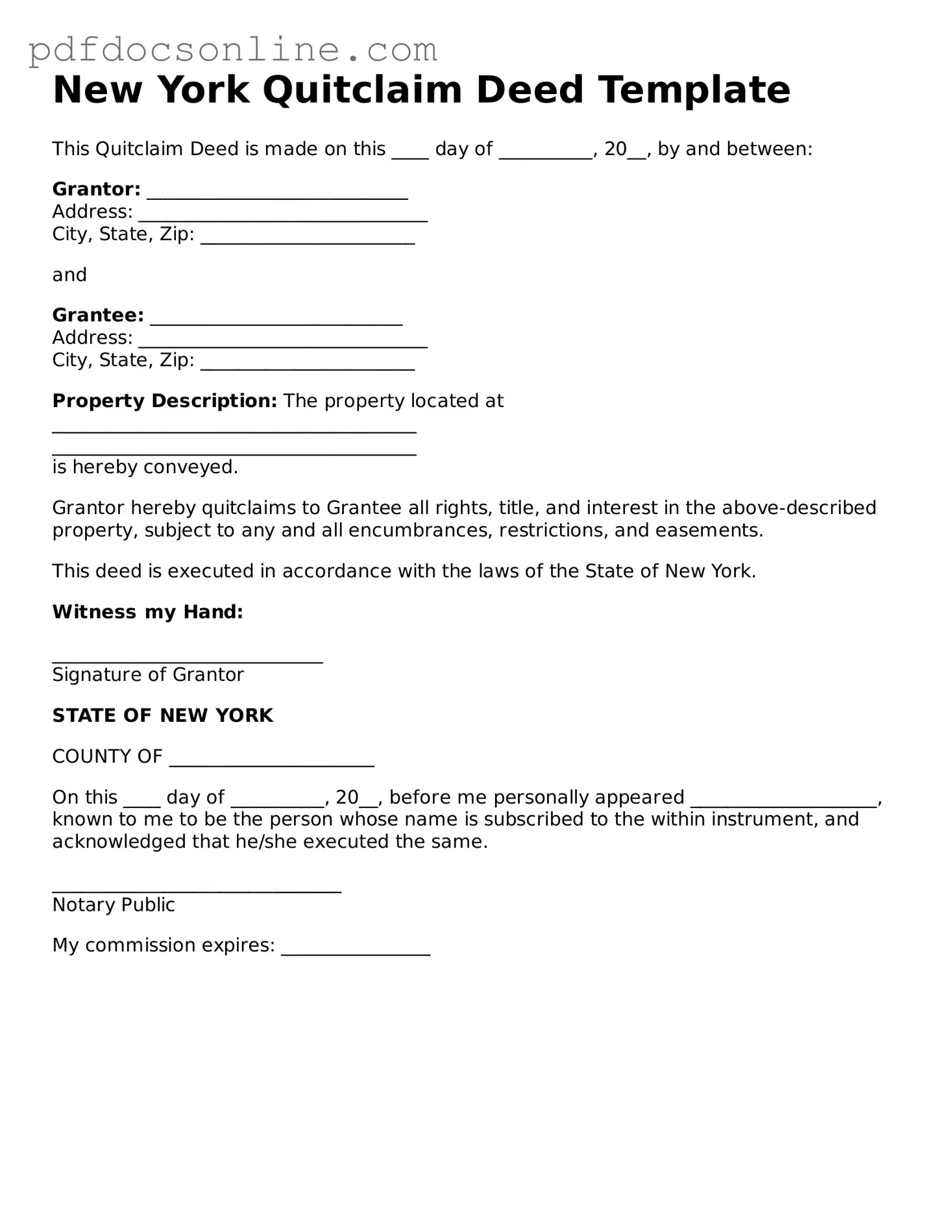 Attorney-Verified  Quitclaim Deed Form for New York