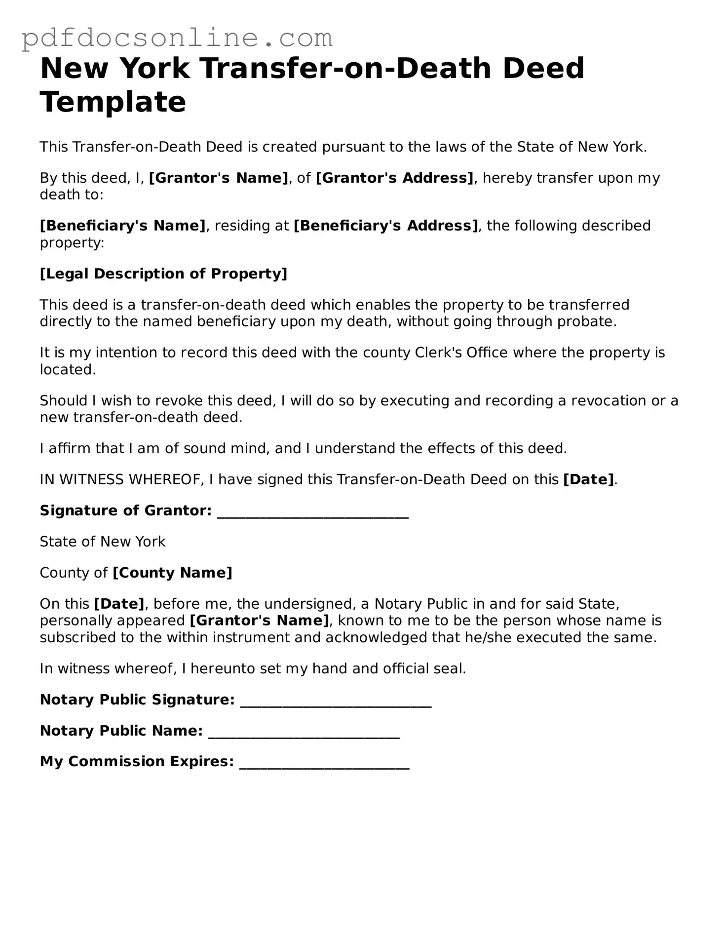 Attorney-Verified  Transfer-on-Death Deed Form for New York