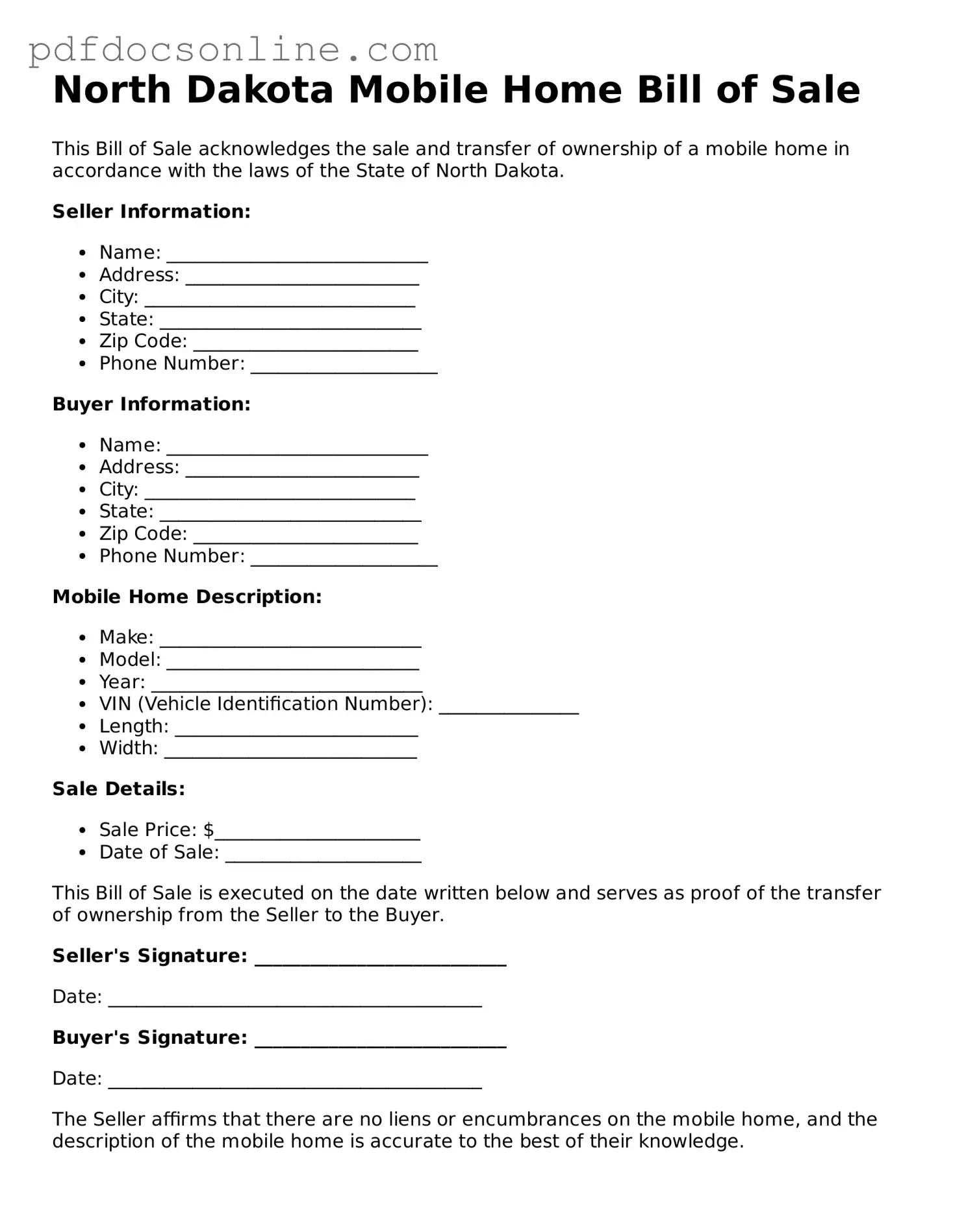 Attorney-Verified  Mobile Home Bill of Sale Form for North Dakota