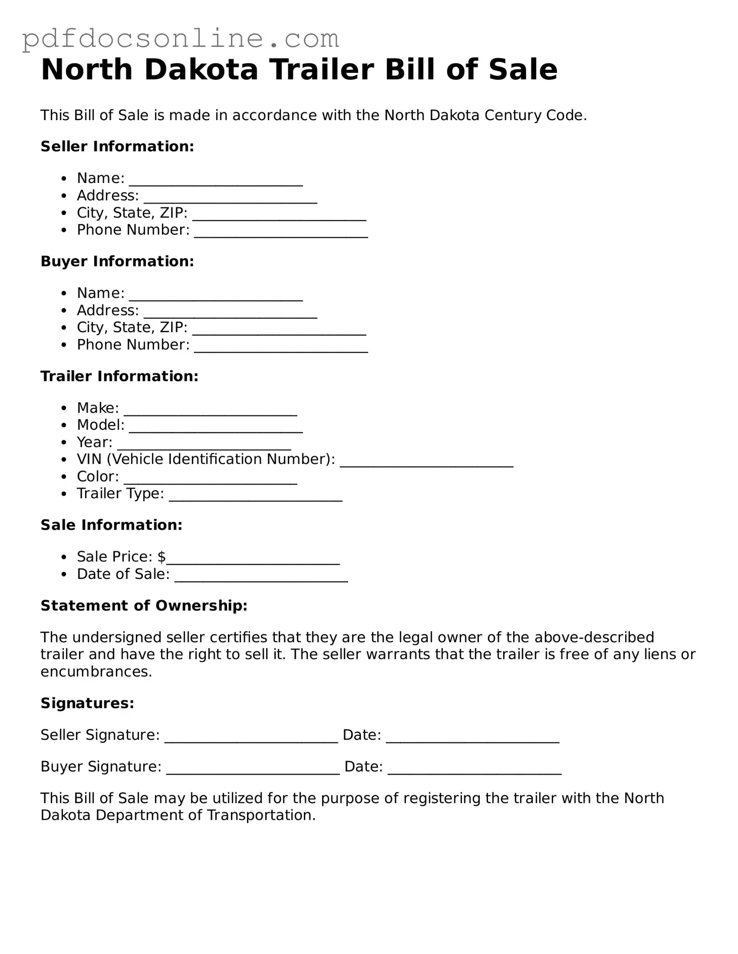 Attorney-Verified  Trailer Bill of Sale Form for North Dakota
