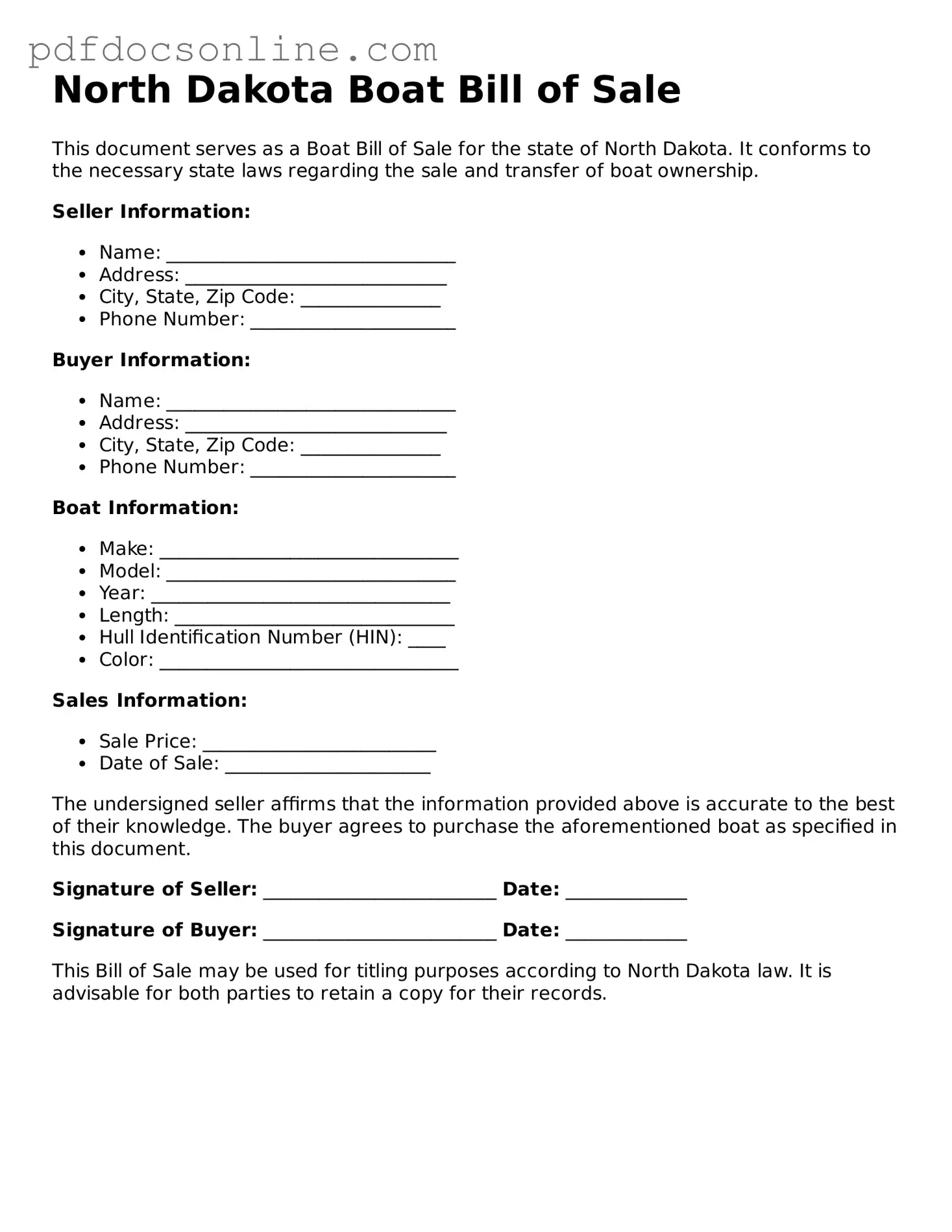 Attorney-Verified  Boat Bill of Sale Form for North Dakota
