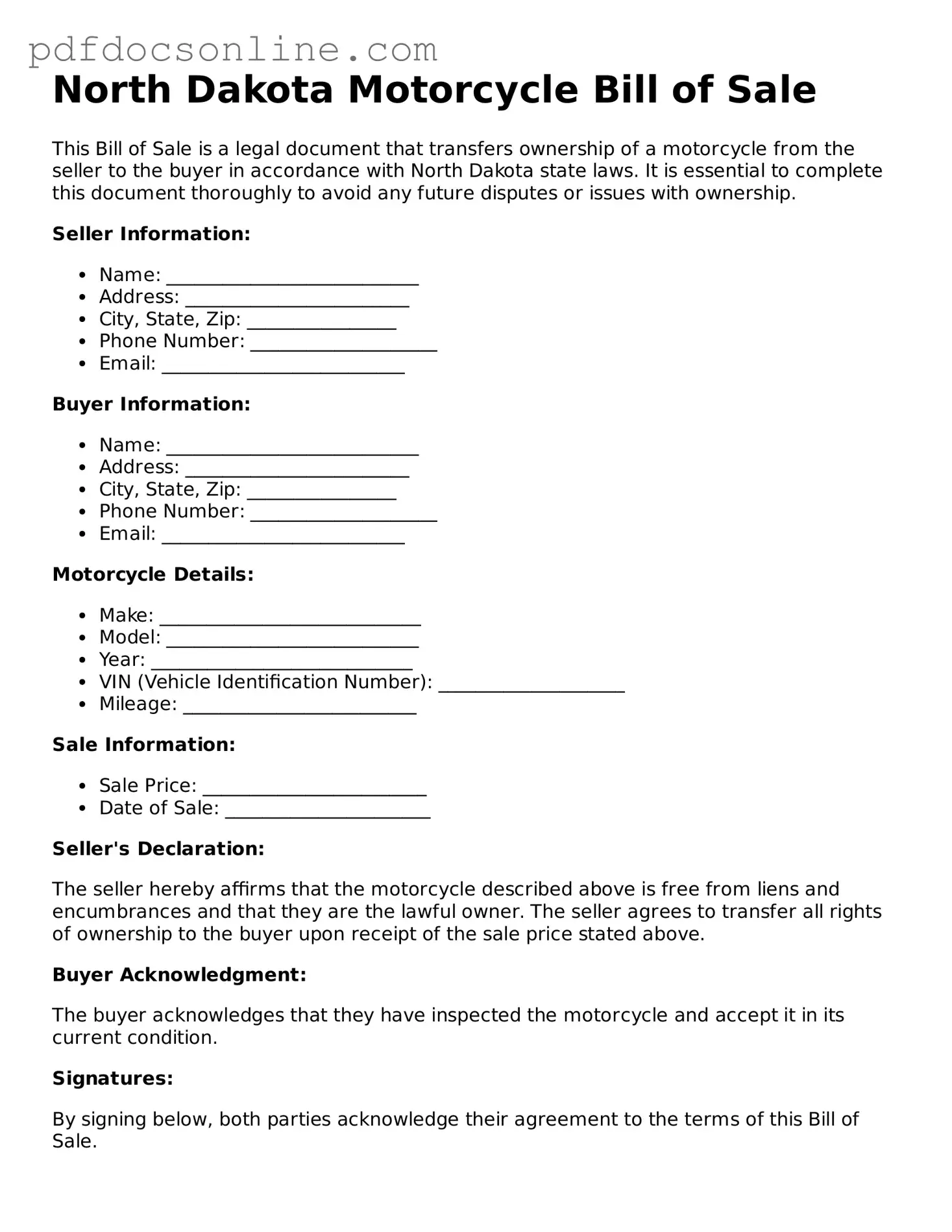Attorney-Verified  Motorcycle Bill of Sale Form for North Dakota