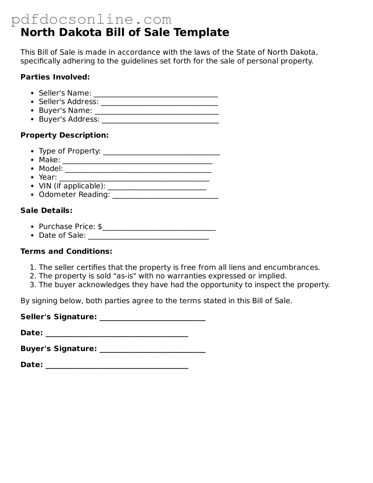 Attorney-Verified  Bill of Sale Form for North Dakota