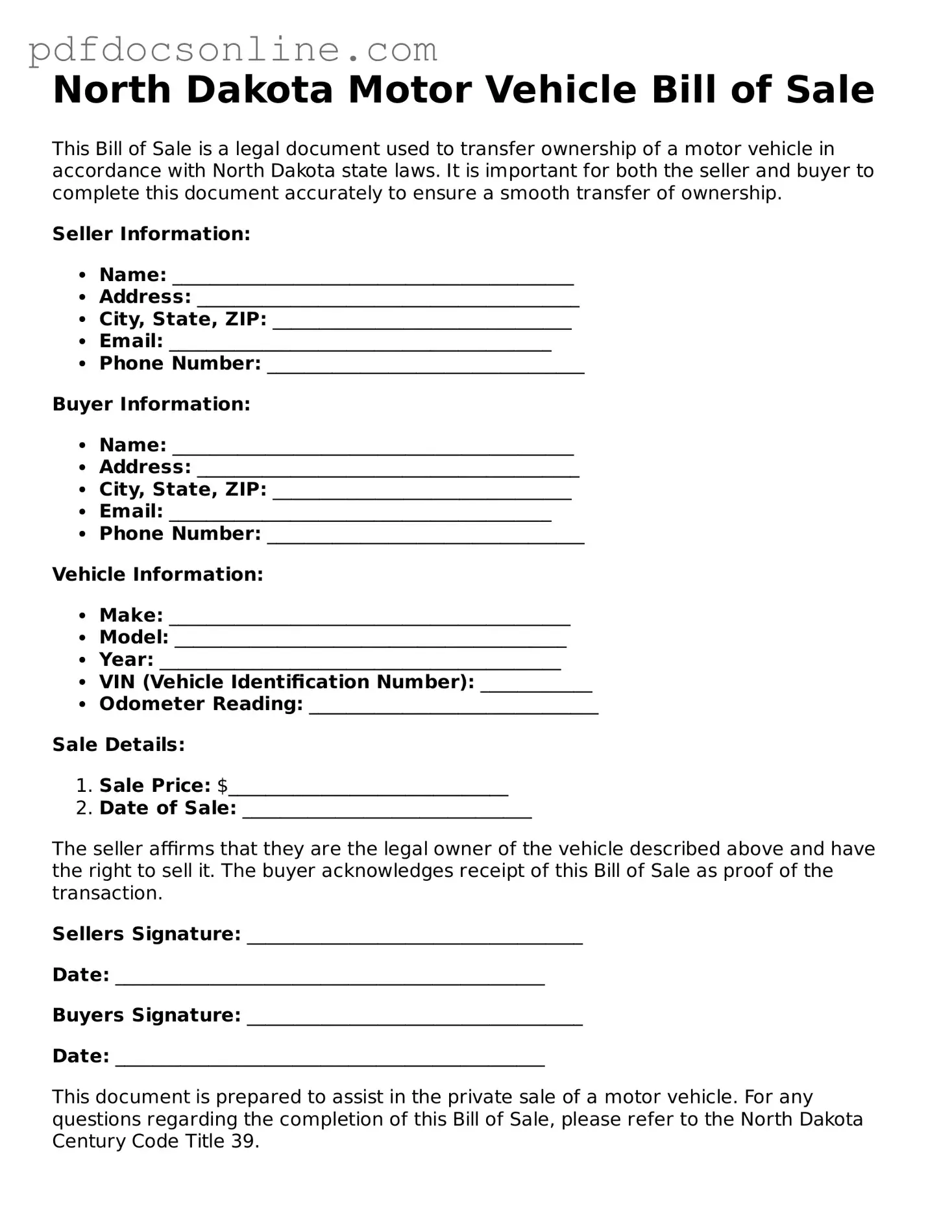 Attorney-Verified  Motor Vehicle Bill of Sale Form for North Dakota