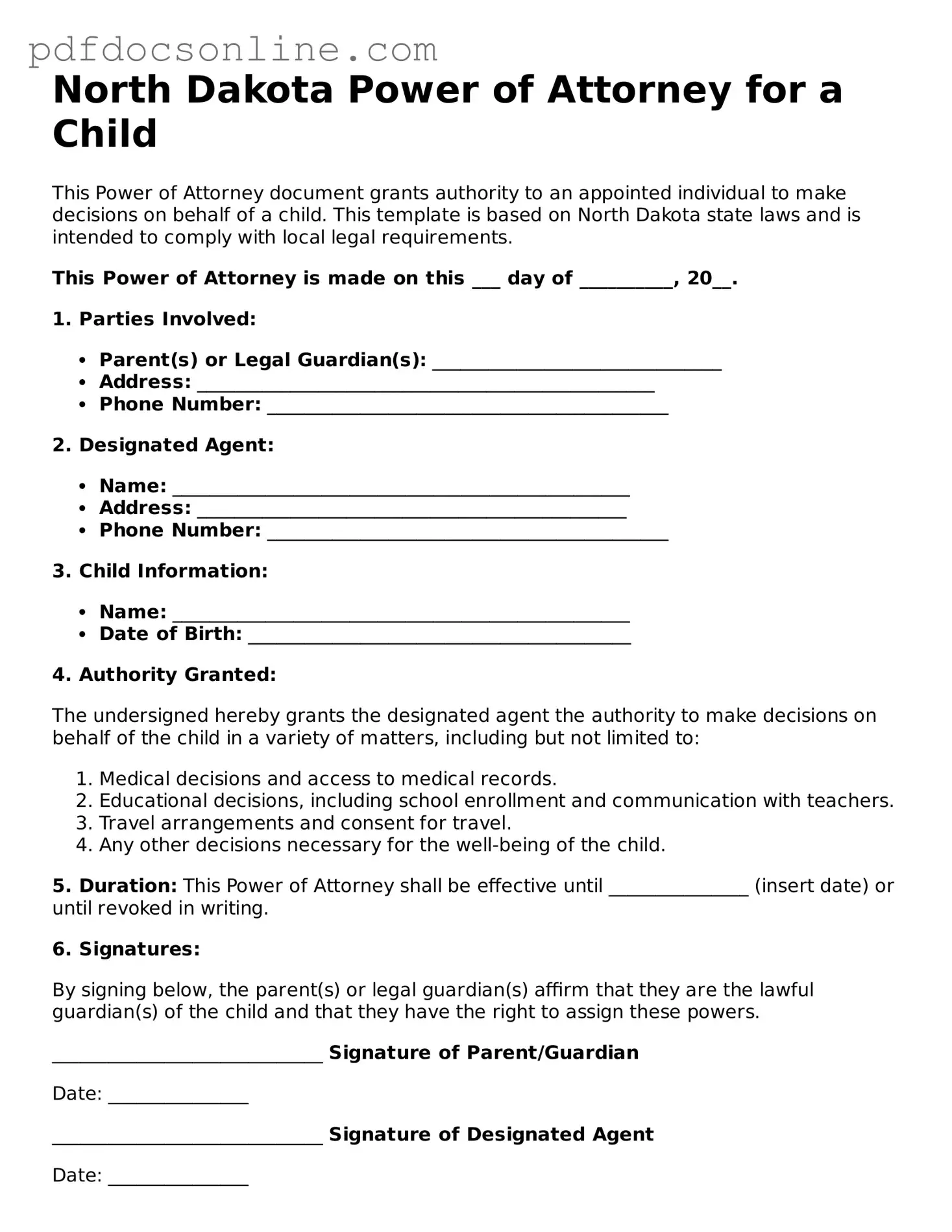 Attorney-Verified  Power of Attorney for a Child Form for North Dakota