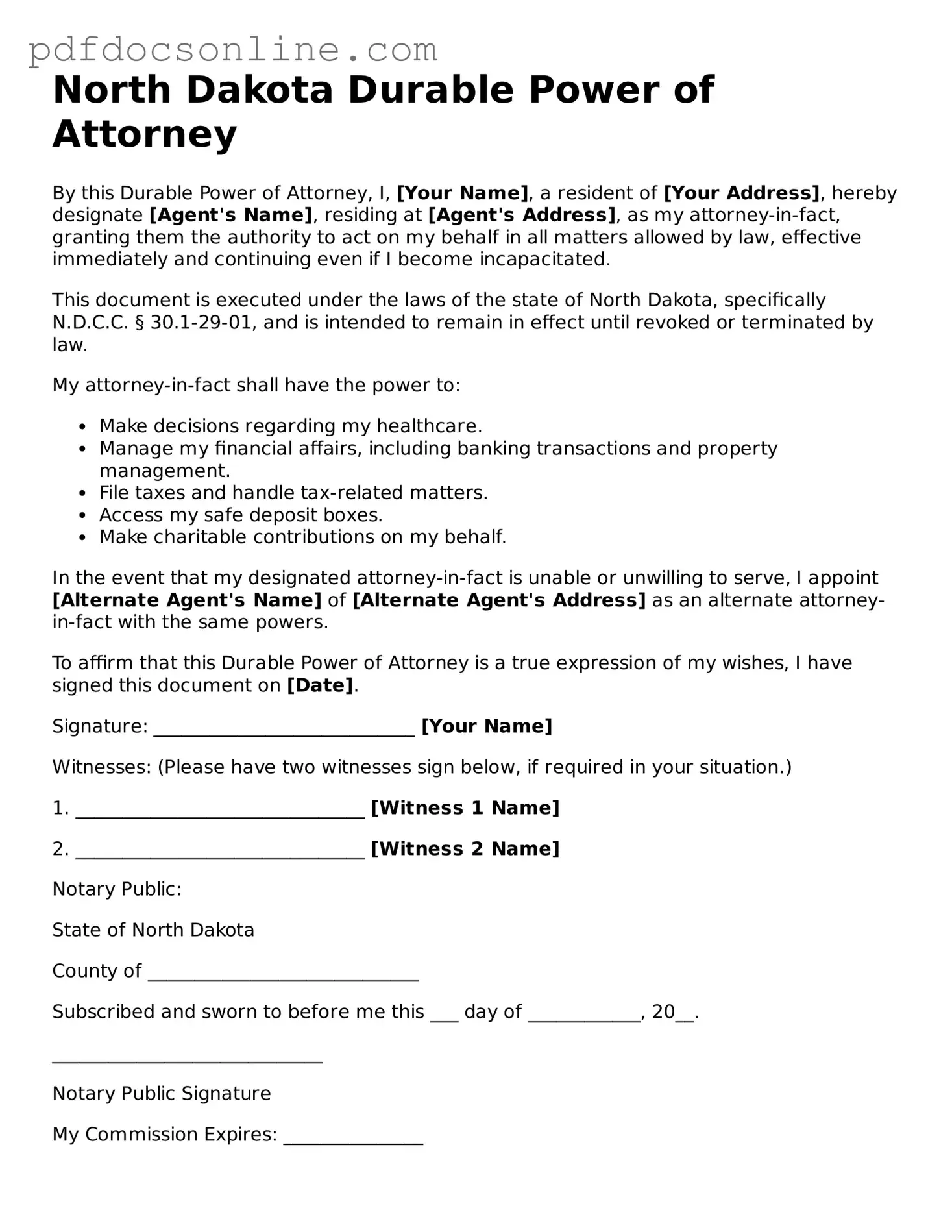 Attorney-Verified  Durable Power of Attorney Form for North Dakota