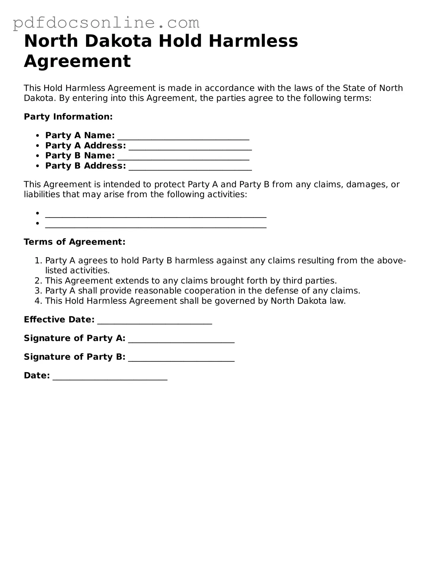 Attorney-Verified  Hold Harmless Agreement Form for North Dakota