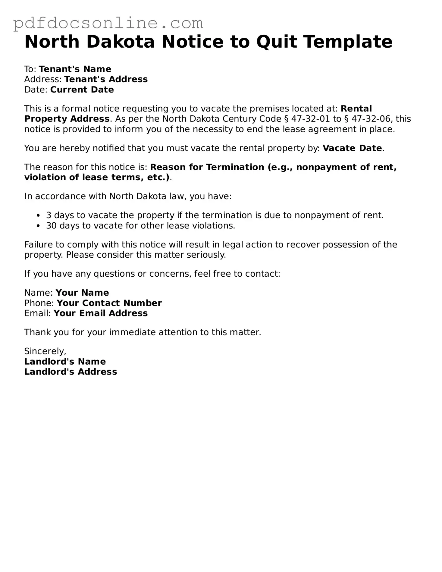 Attorney-Verified  Notice to Quit Form for North Dakota