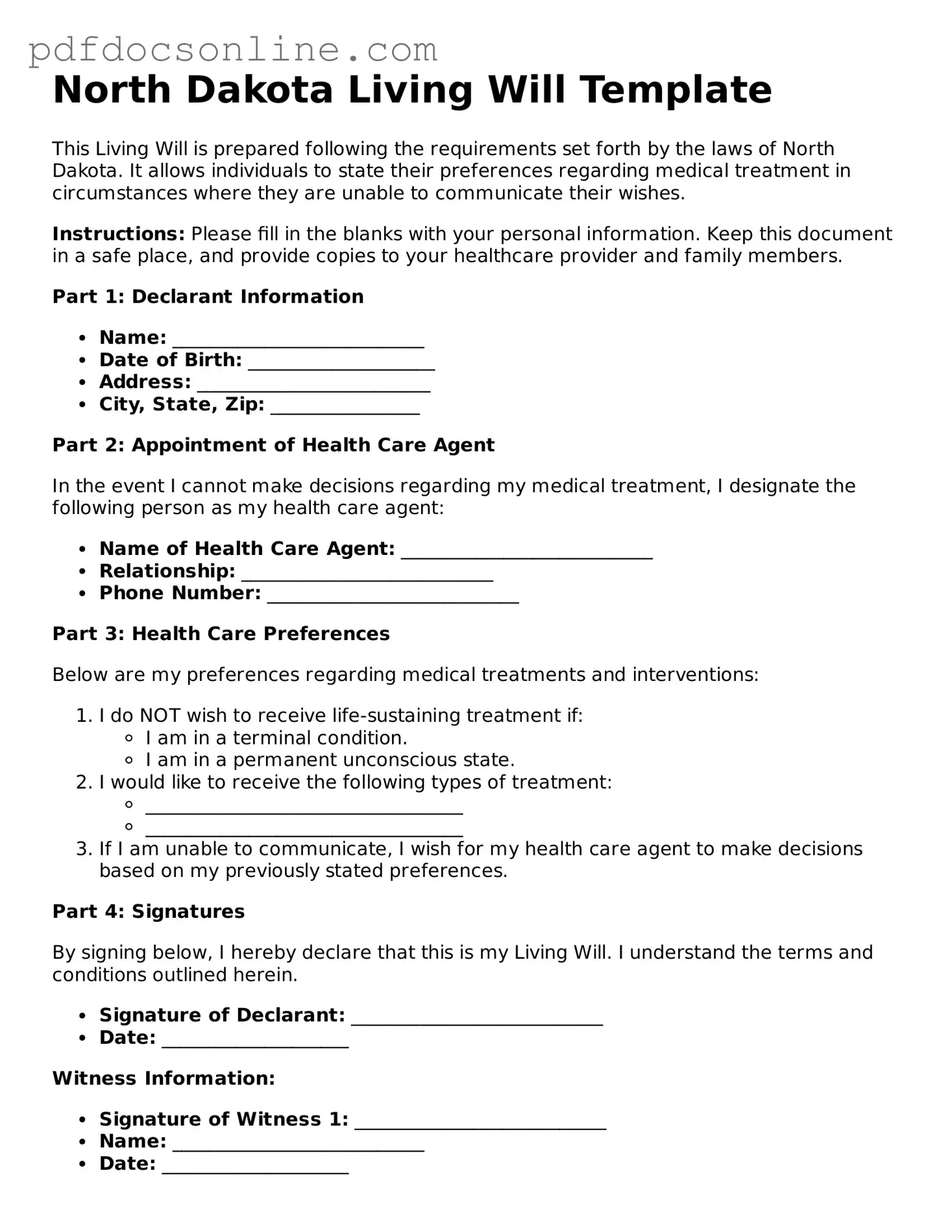 Attorney-Verified  Living Will Form for North Dakota