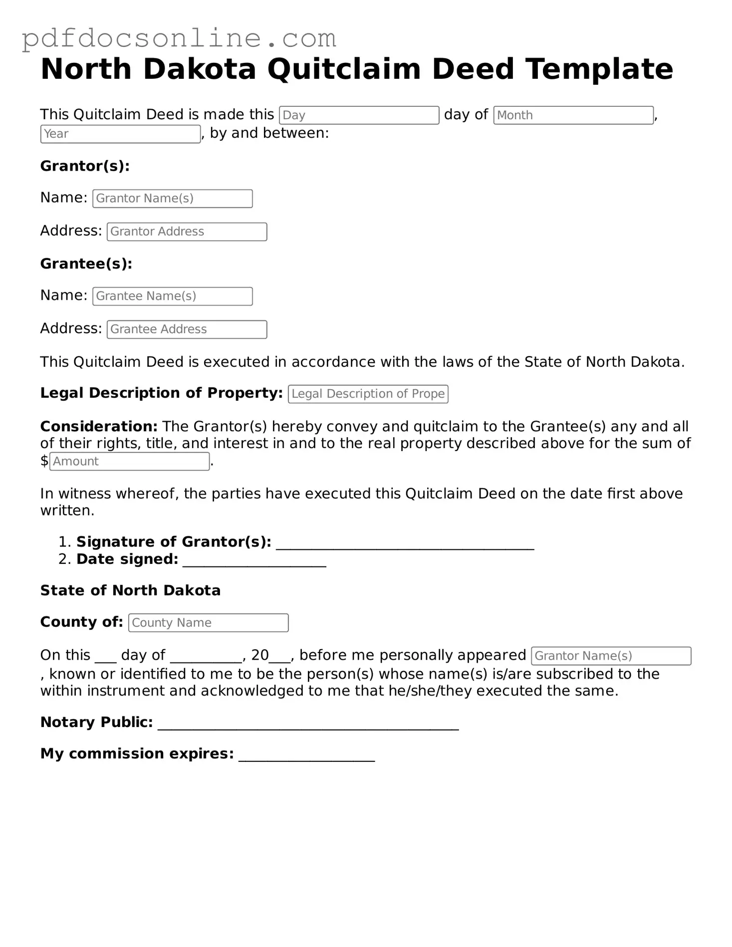 Attorney-Verified  Quitclaim Deed Form for North Dakota