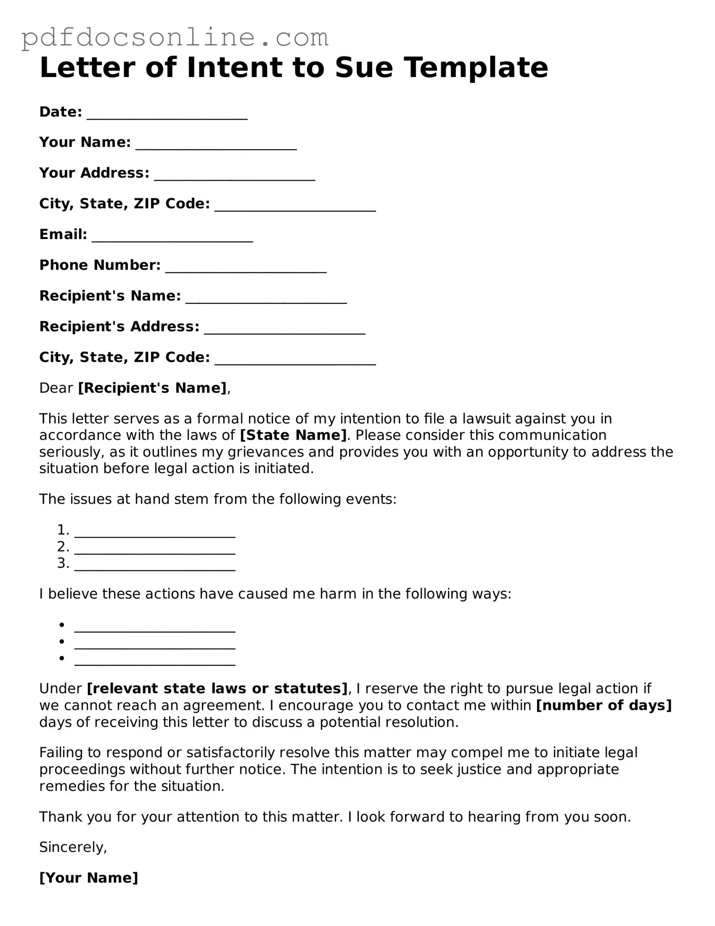 Free Letter of Intent to Sue Template