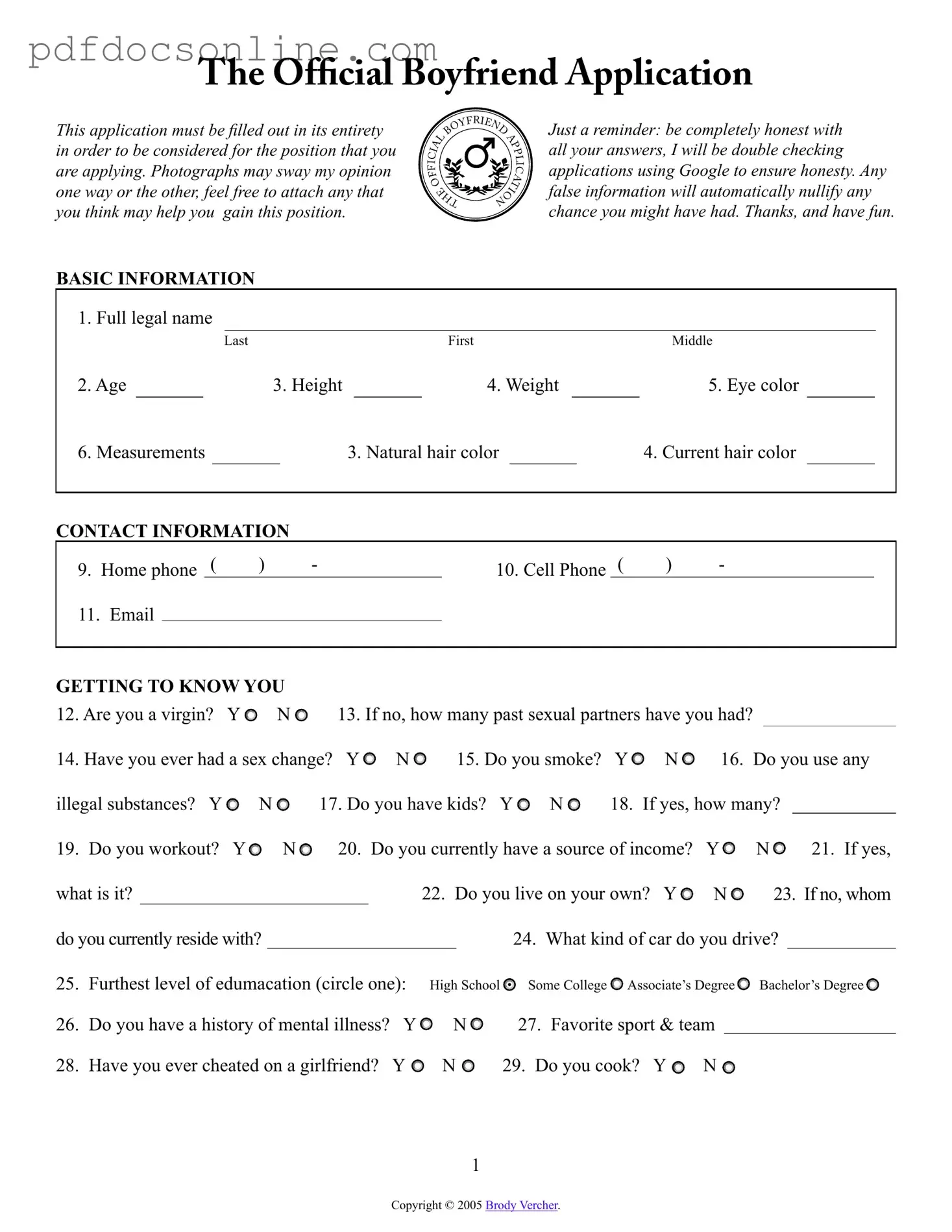 Fillable Boyfriend application form Form