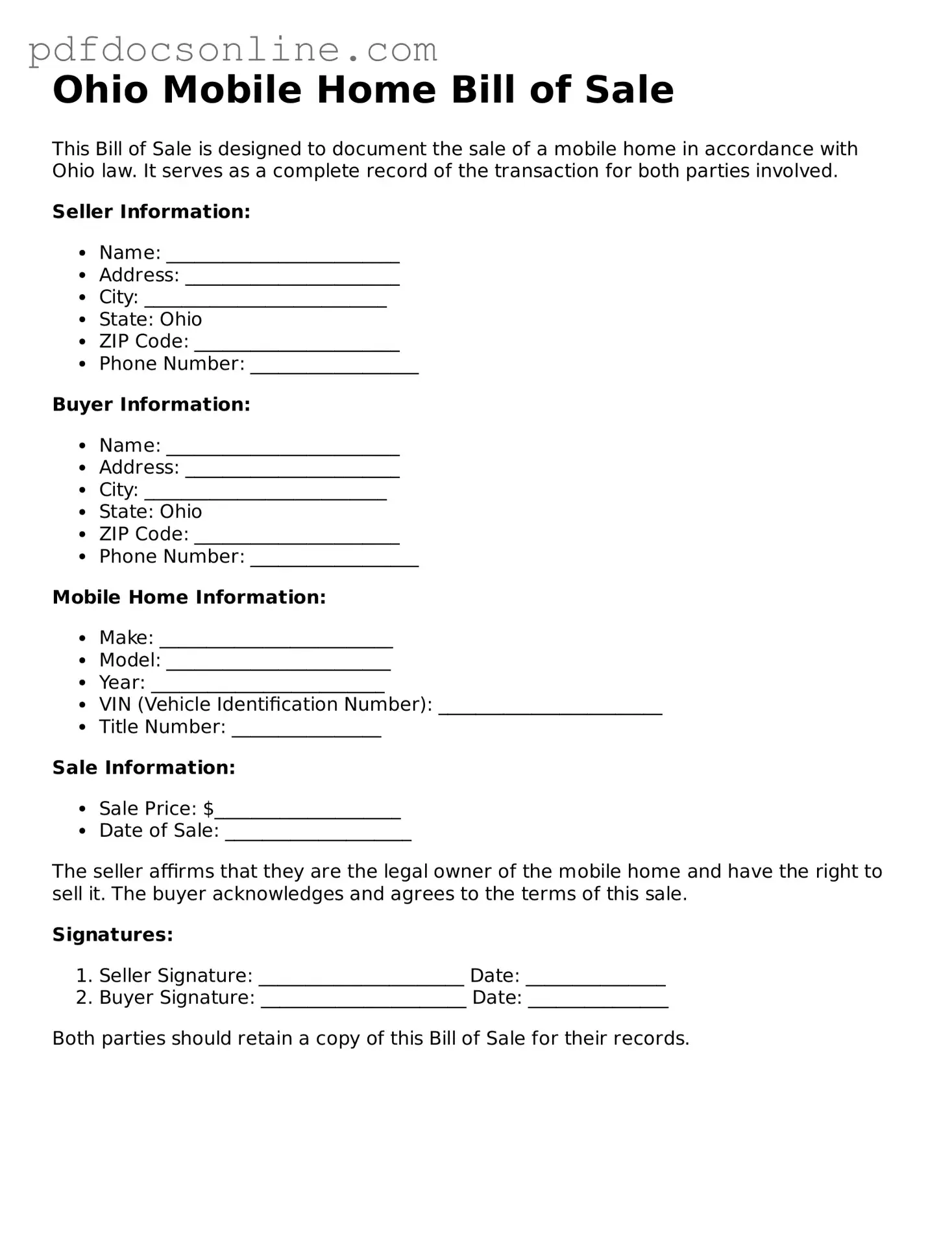 Attorney-Verified  Mobile Home Bill of Sale Form for Ohio