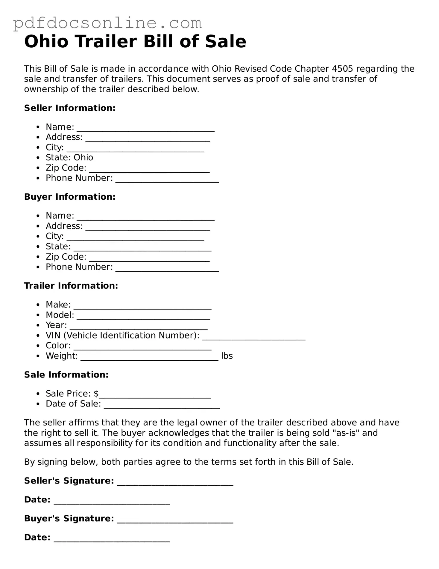 Attorney-Verified  Trailer Bill of Sale Form for Ohio