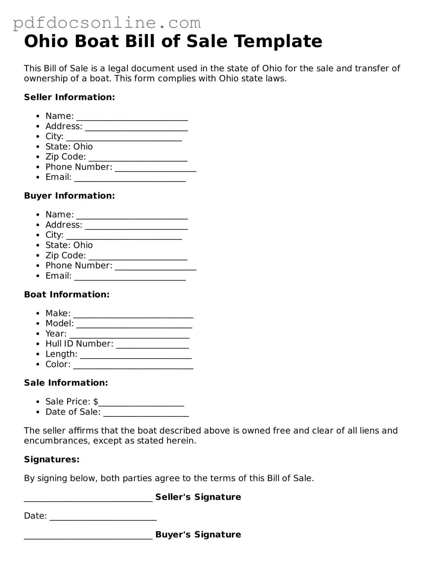 Attorney-Verified  Boat Bill of Sale Form for Ohio