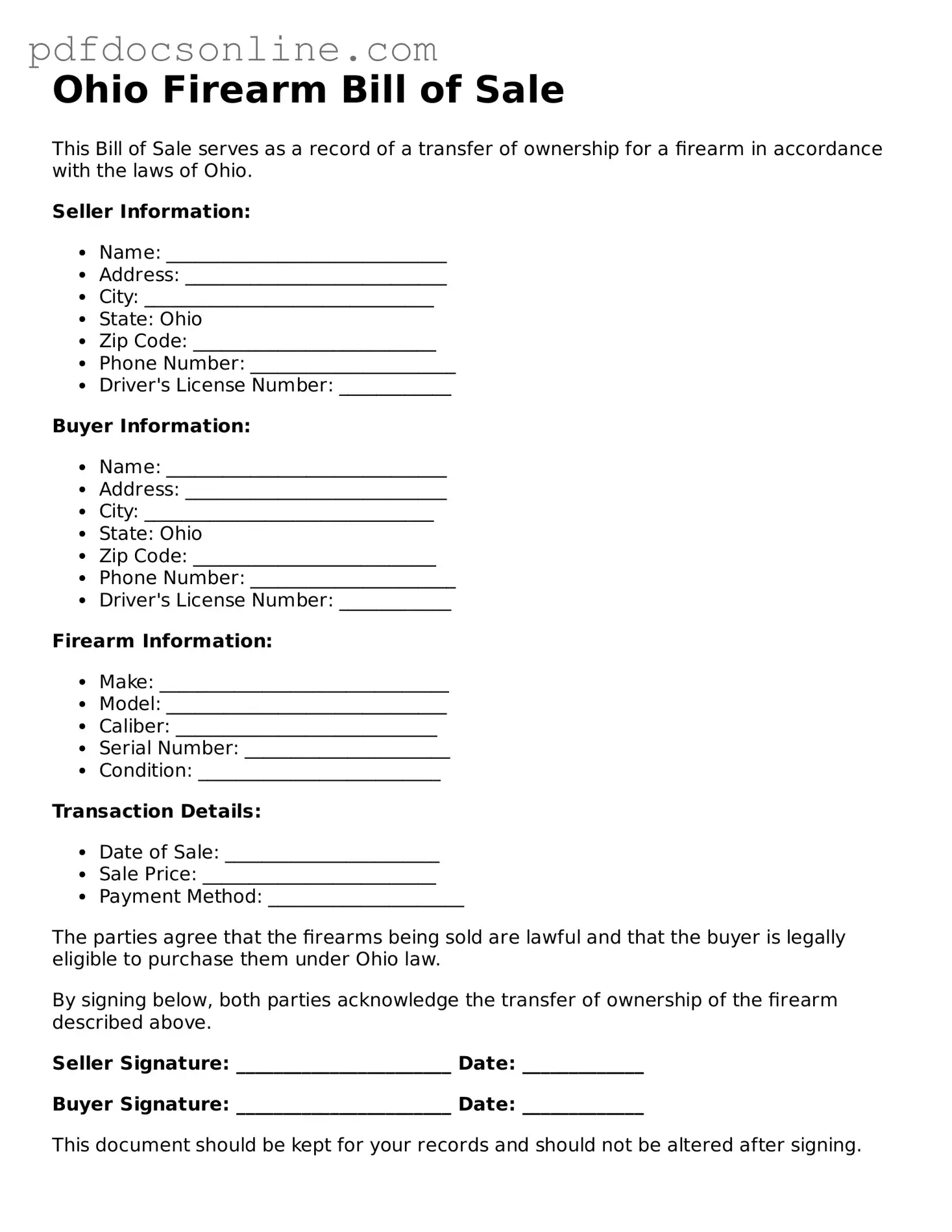 Attorney-Verified  Firearm Bill of Sale Form for Ohio