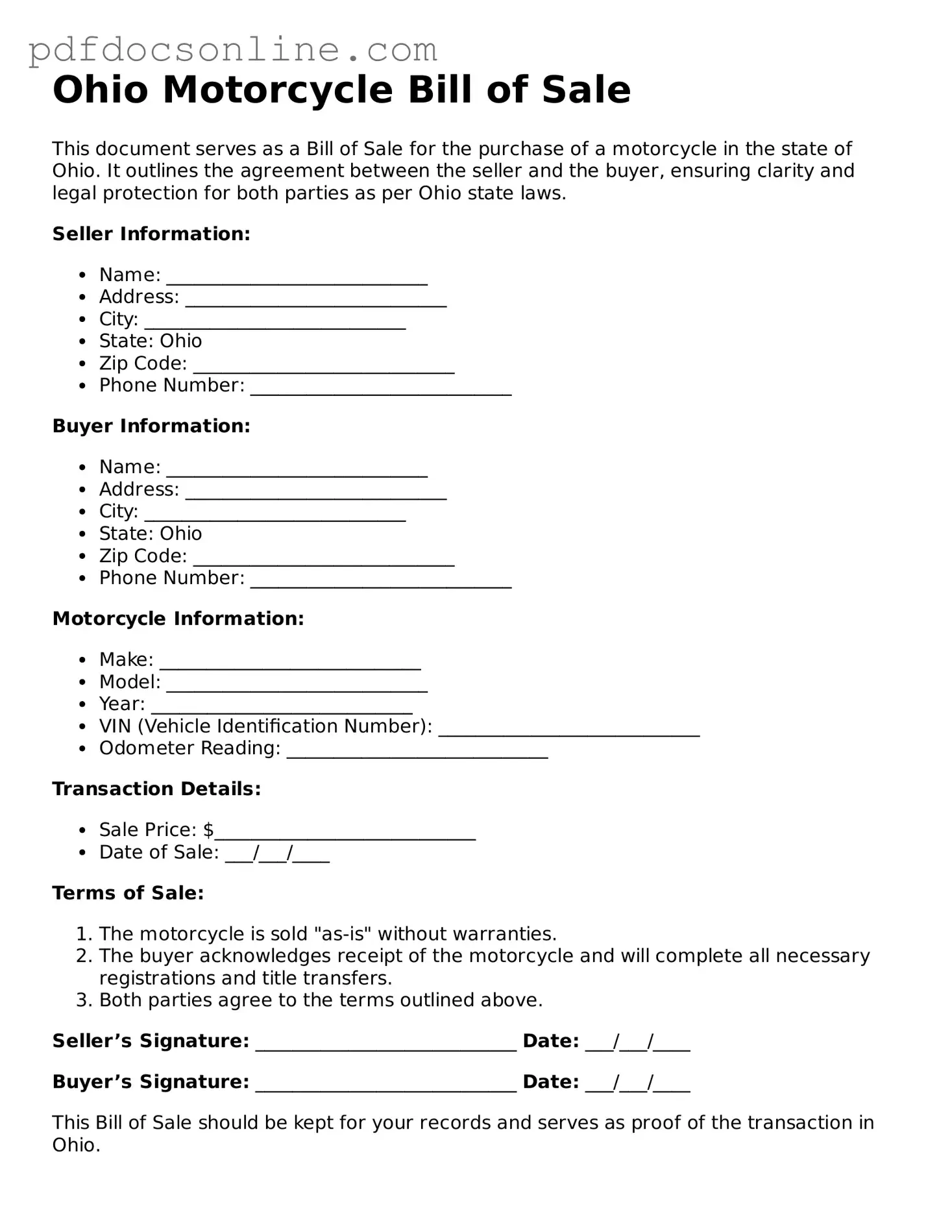 Attorney-Verified  Motorcycle Bill of Sale Form for Ohio