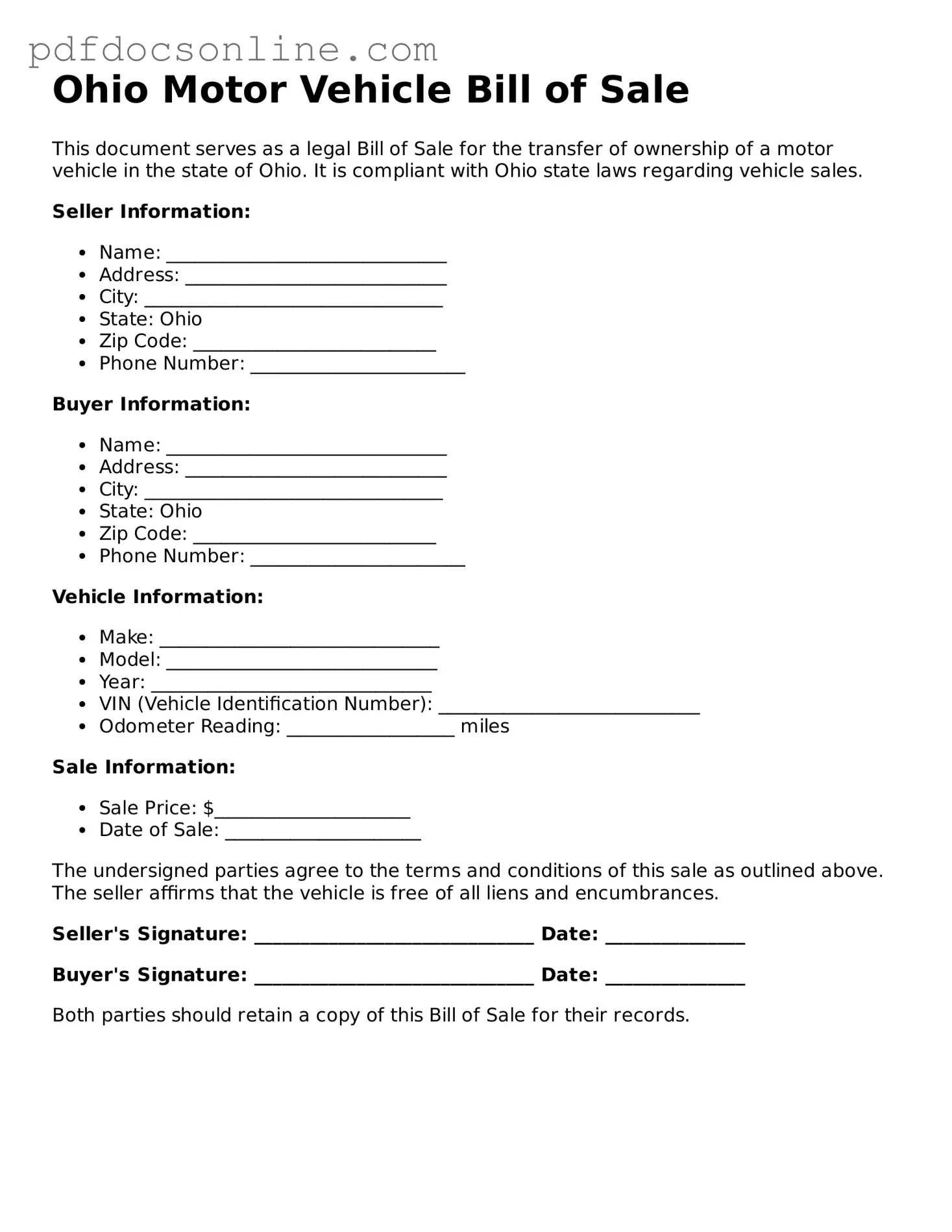 Attorney-Verified  Motor Vehicle Bill of Sale Form for Ohio