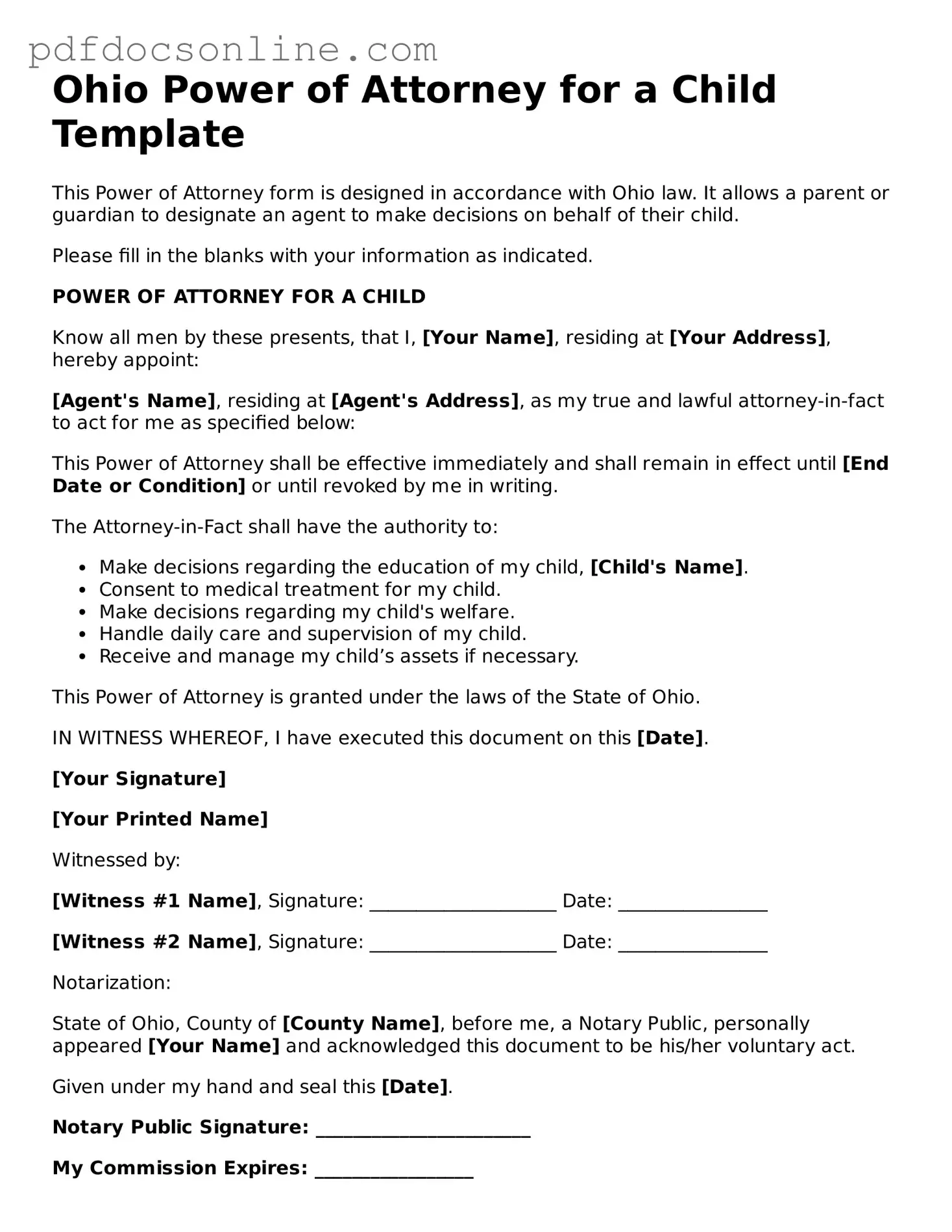 Attorney-Verified  Power of Attorney for a Child Form for Ohio