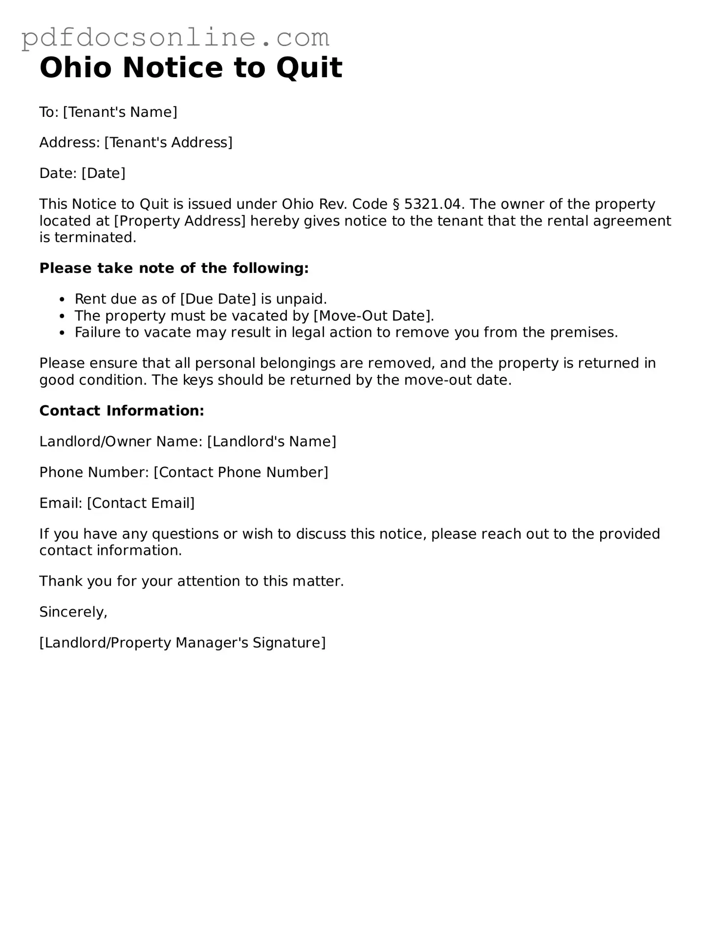 Attorney-Verified  Notice to Quit Form for Ohio