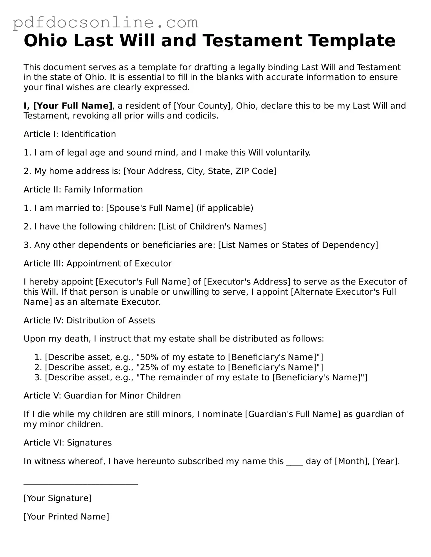 Attorney-Verified  Last Will and Testament Form for Ohio