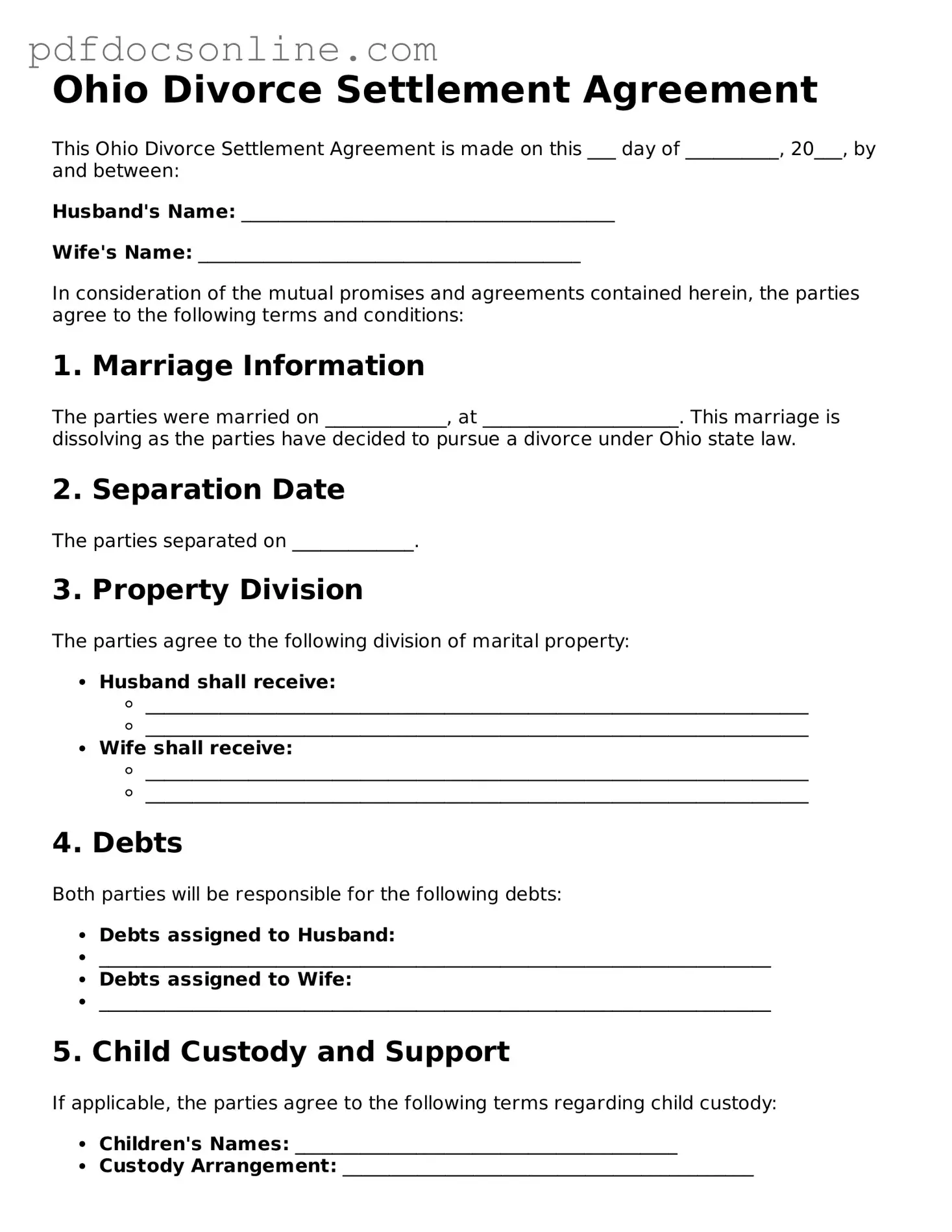 Attorney-Verified  Divorce Settlement Agreement Form for Ohio