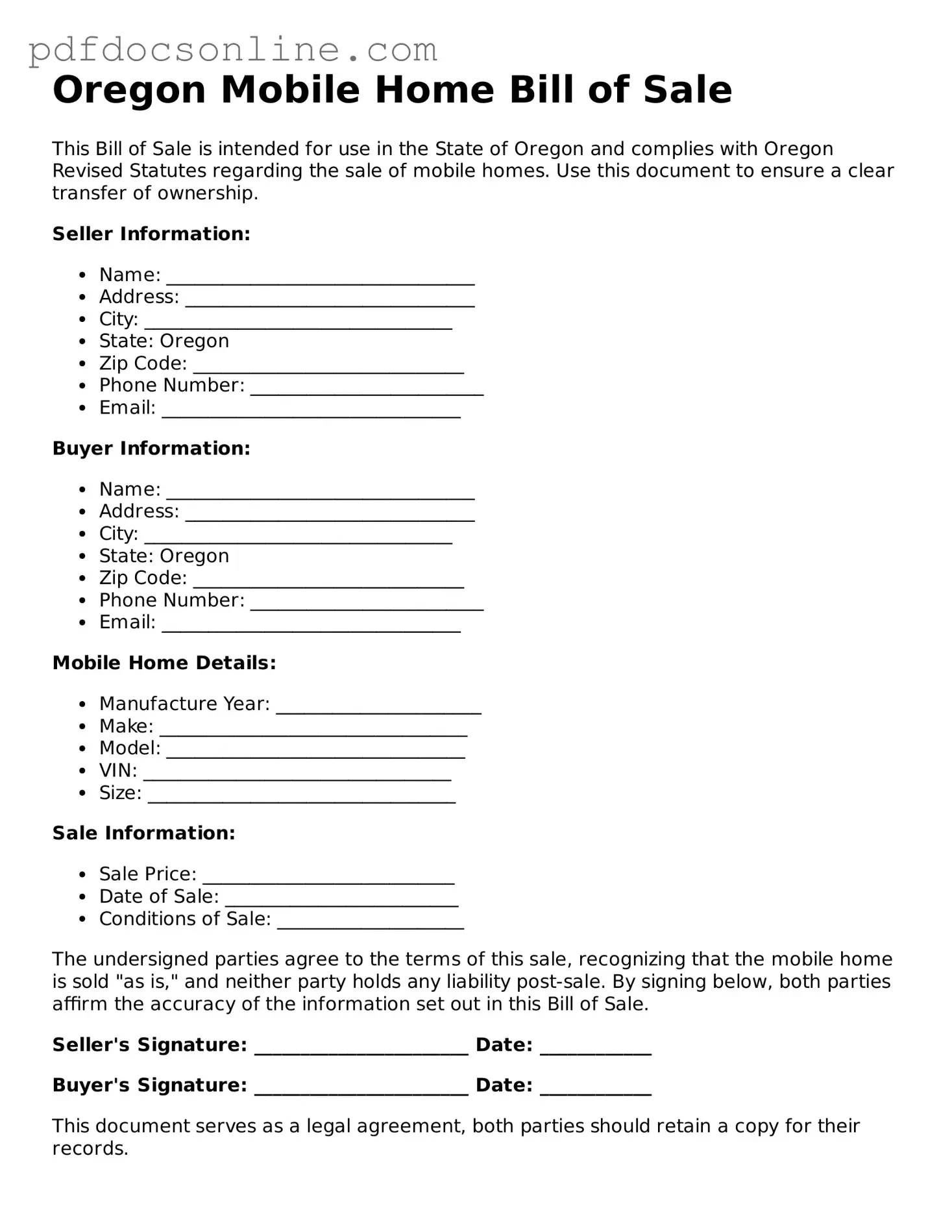 Attorney-Verified  Mobile Home Bill of Sale Form for Oregon