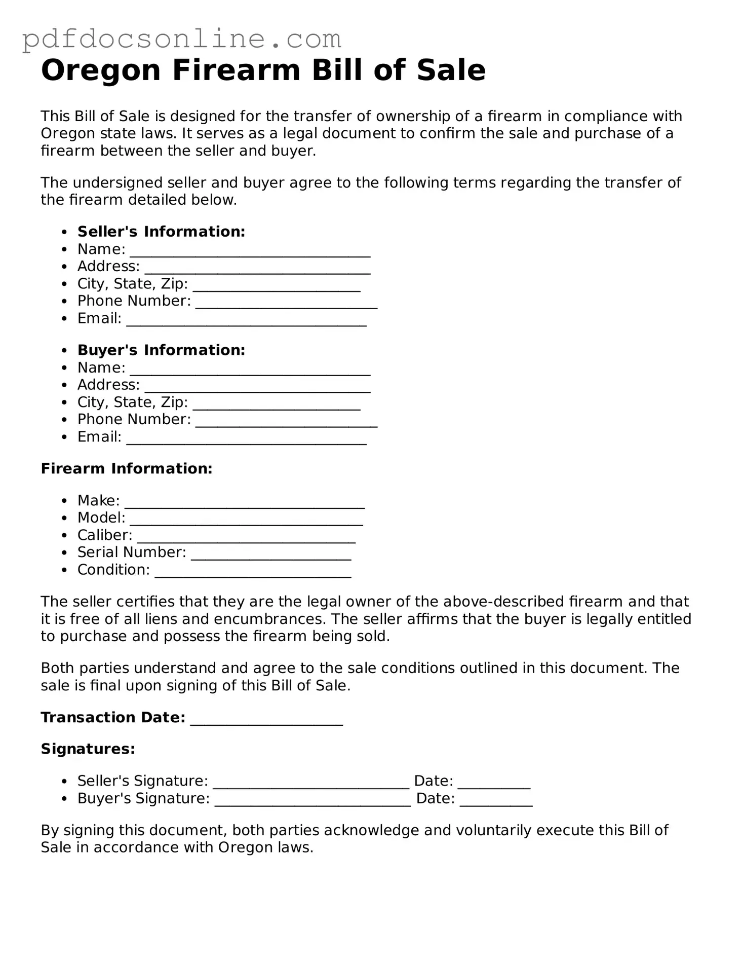 Attorney-Verified  Firearm Bill of Sale Form for Oregon