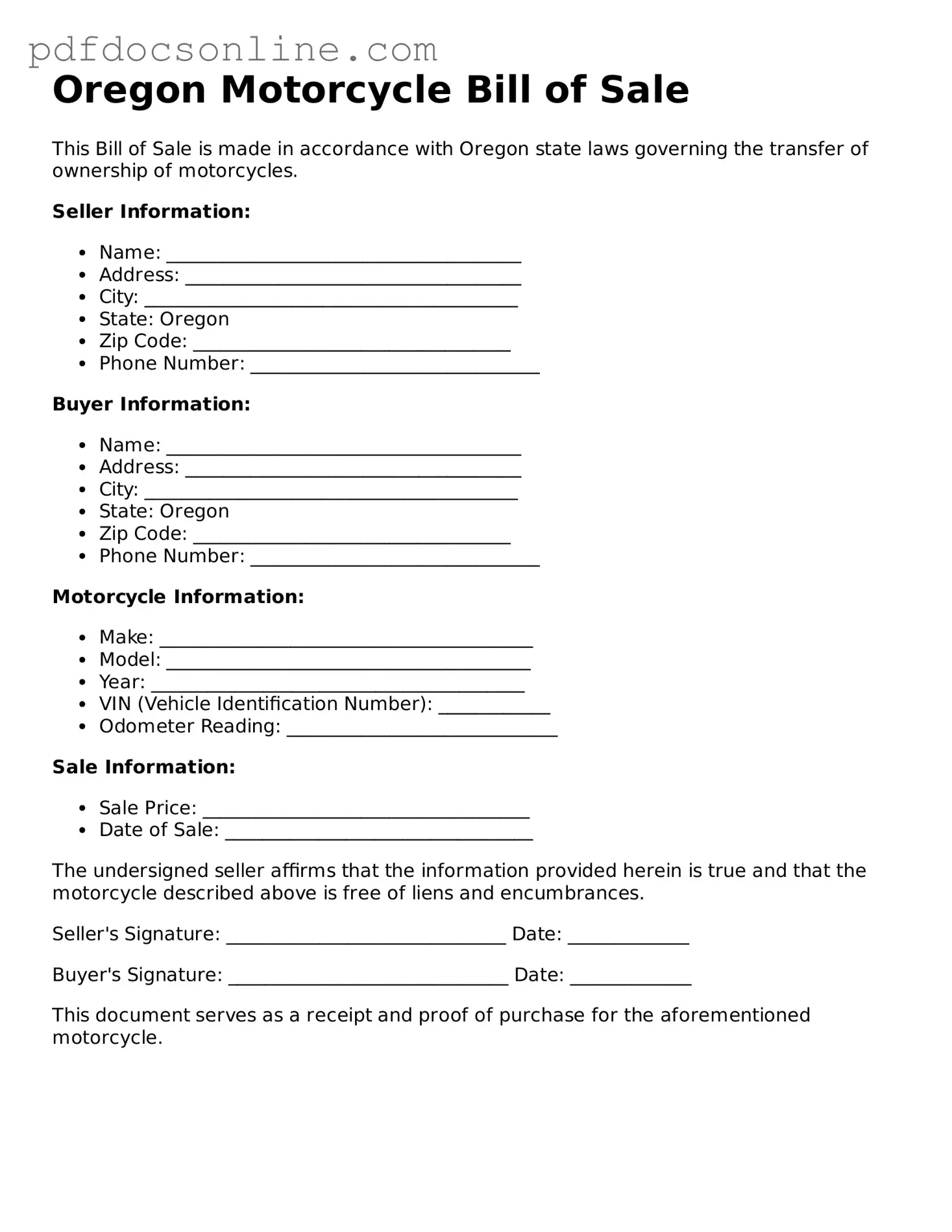 Attorney-Verified  Motorcycle Bill of Sale Form for Oregon