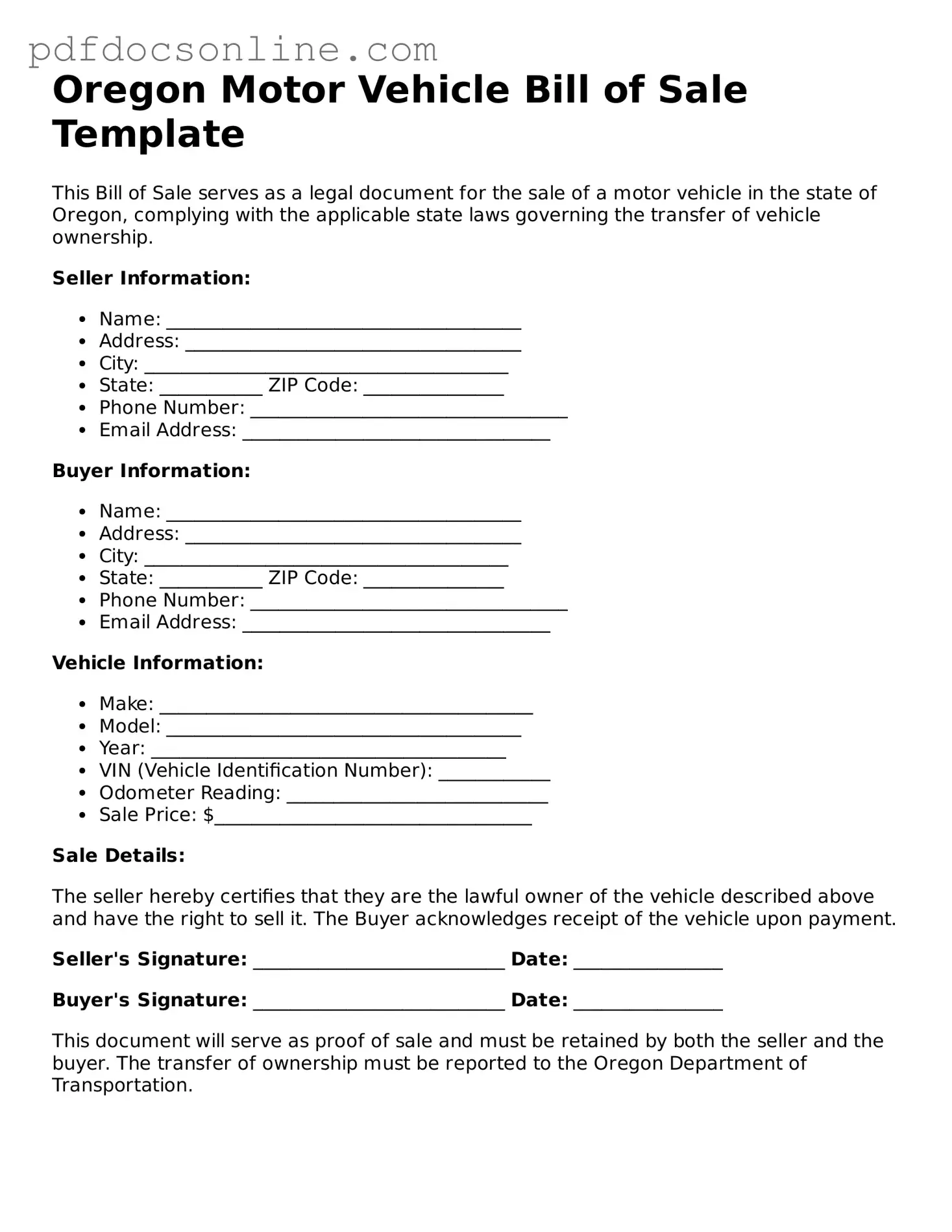 Attorney-Verified  Motor Vehicle Bill of Sale Form for Oregon
