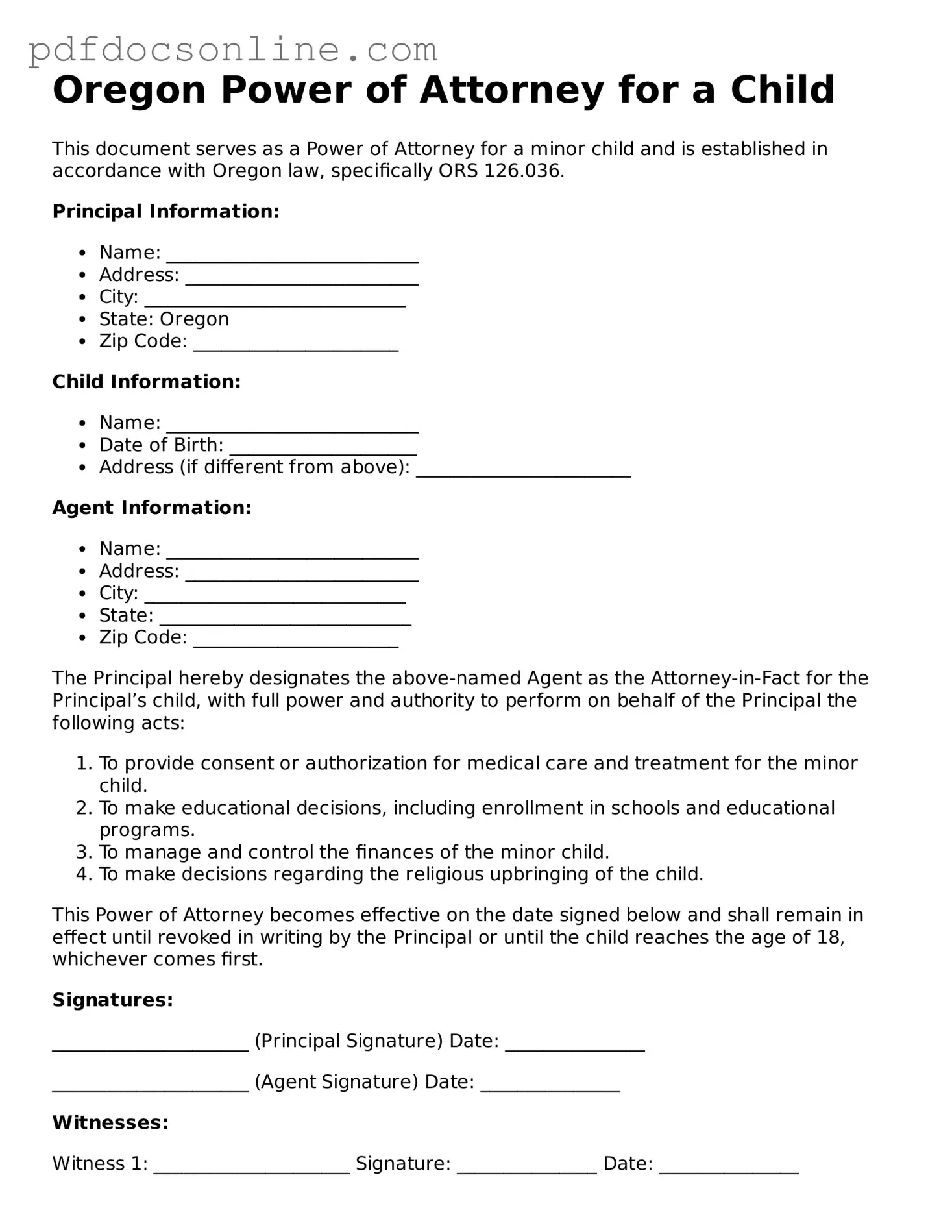 Attorney-Verified  Power of Attorney for a Child Form for Oregon