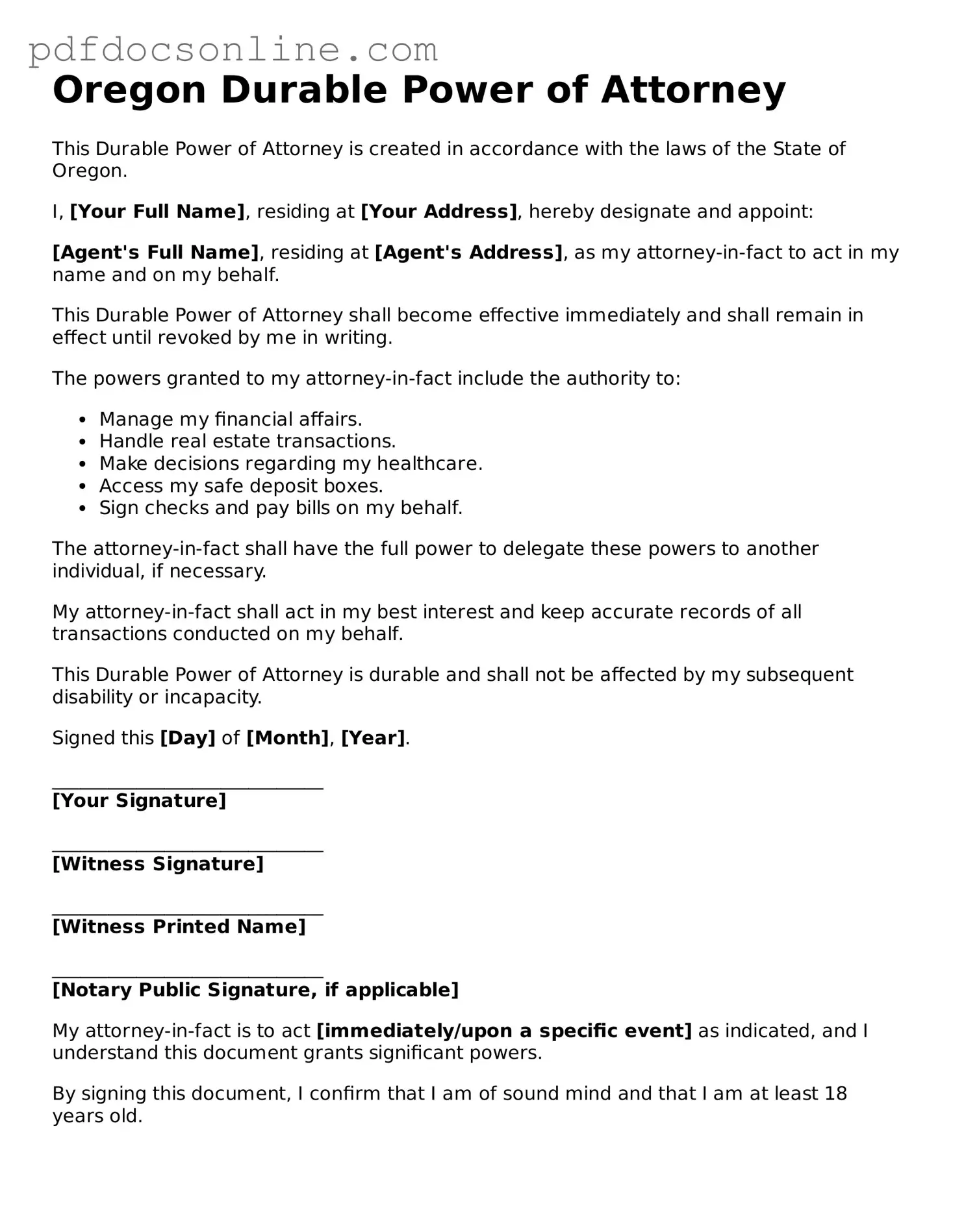 Attorney-Verified  Durable Power of Attorney Form for Oregon