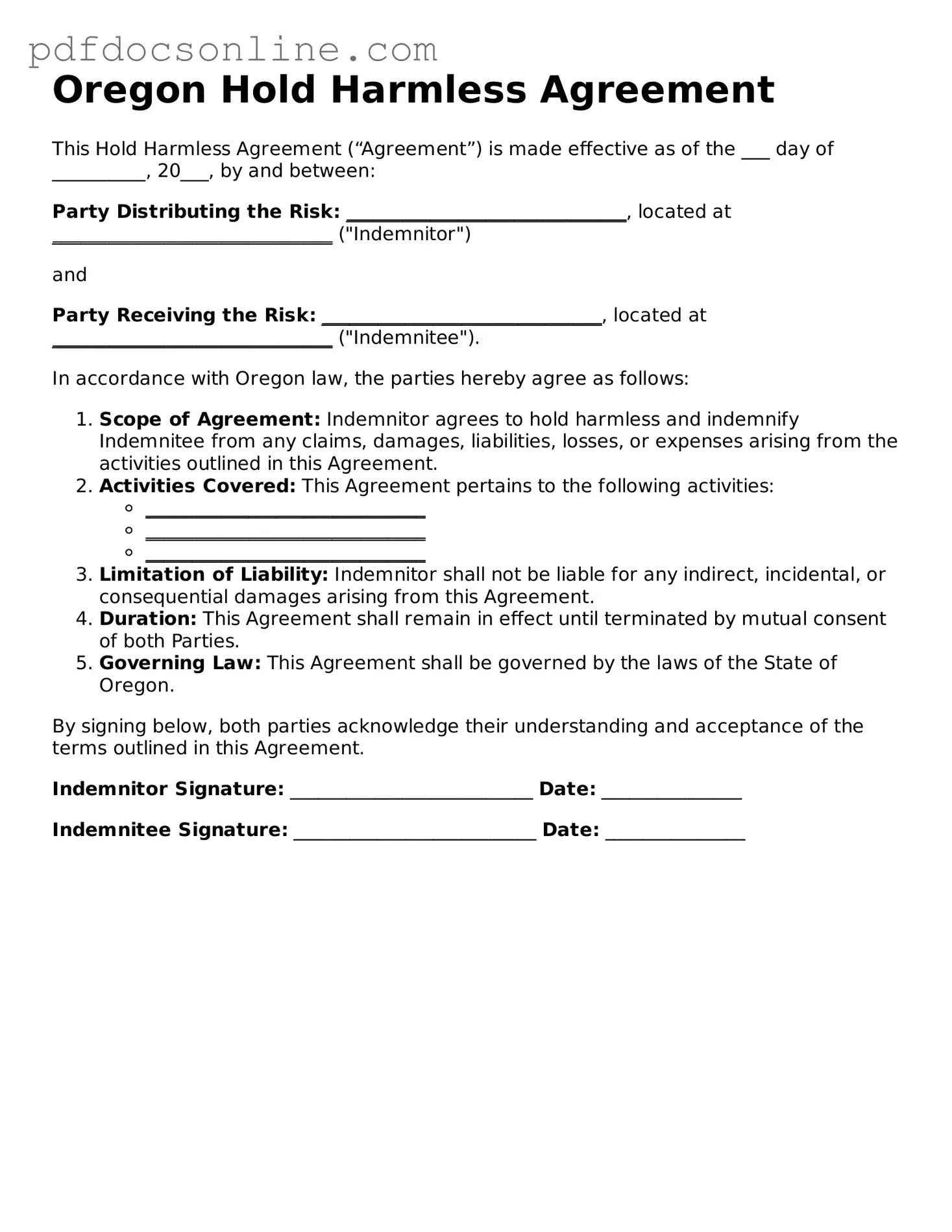 Attorney-Verified  Hold Harmless Agreement Form for Oregon