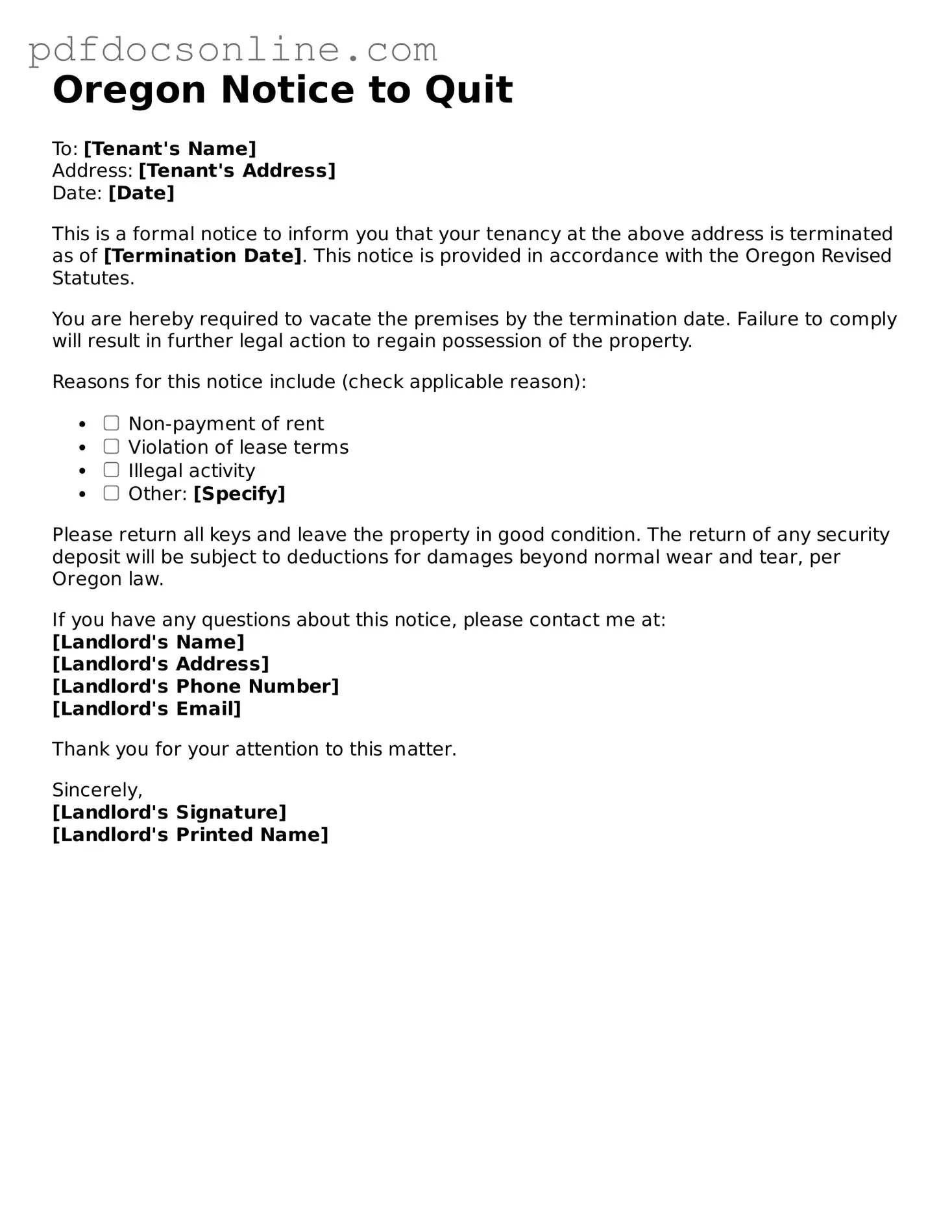 Attorney-Verified  Notice to Quit Form for Oregon