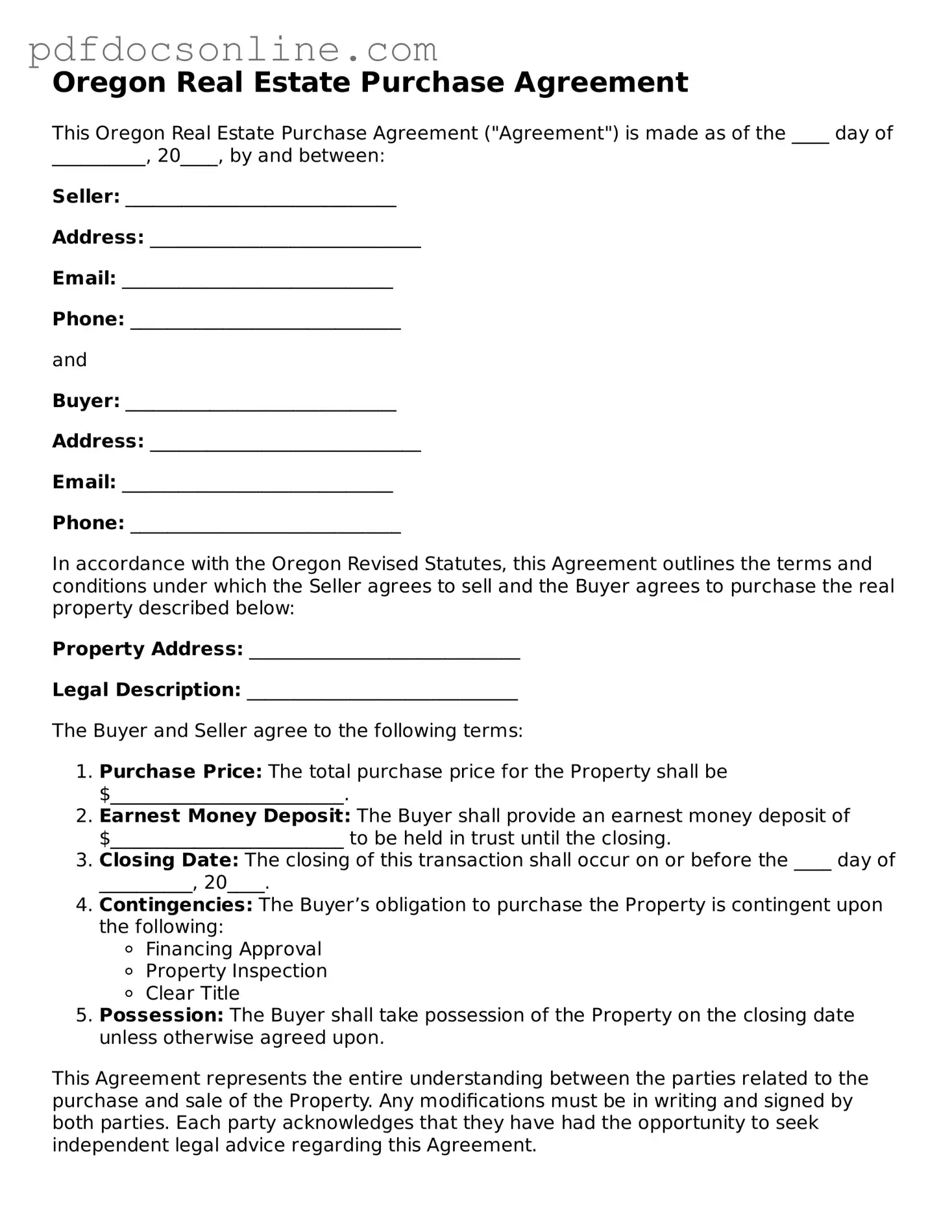 Attorney-Verified  Real Estate Purchase Agreement Form for Oregon
