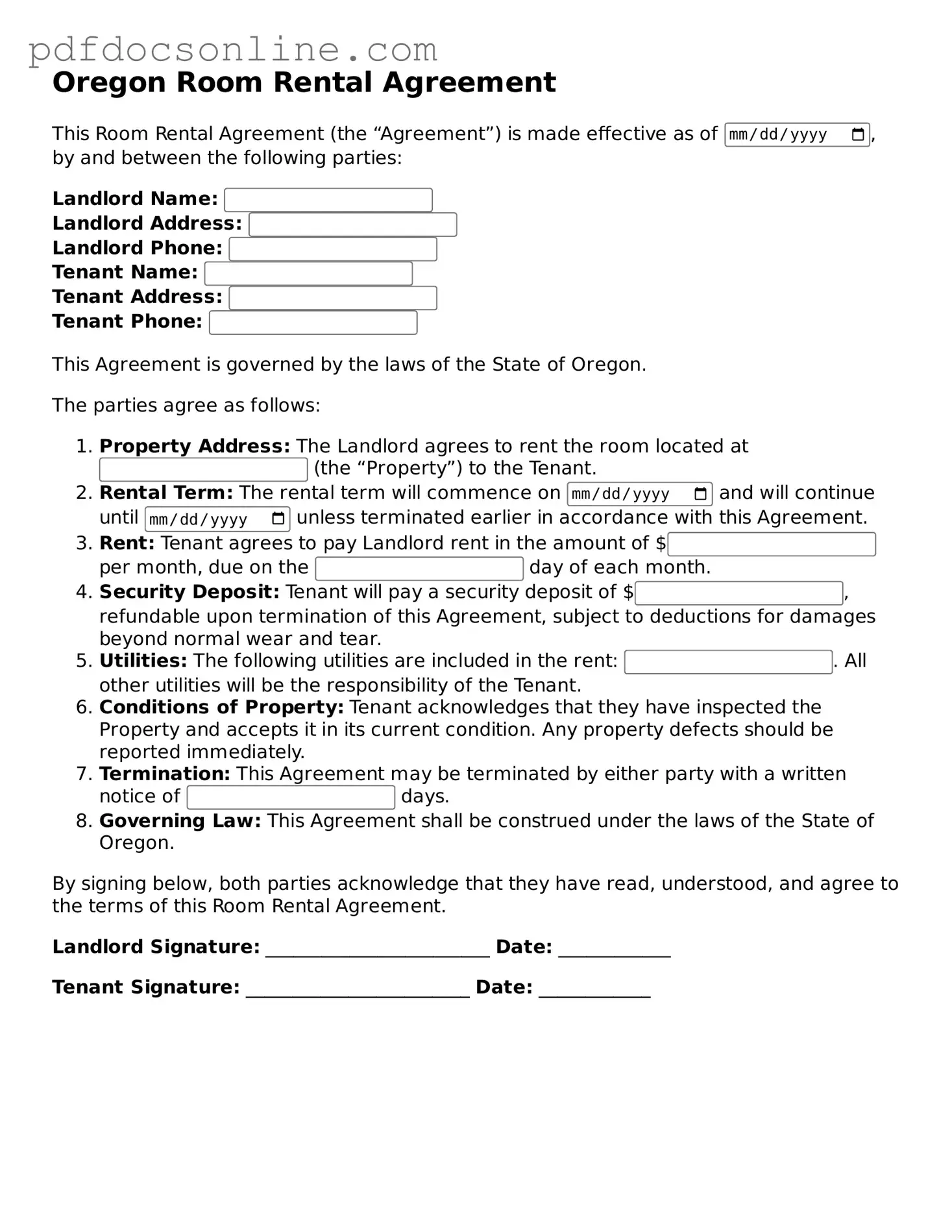 Attorney-Verified  Room Rental Agreement Form for Oregon