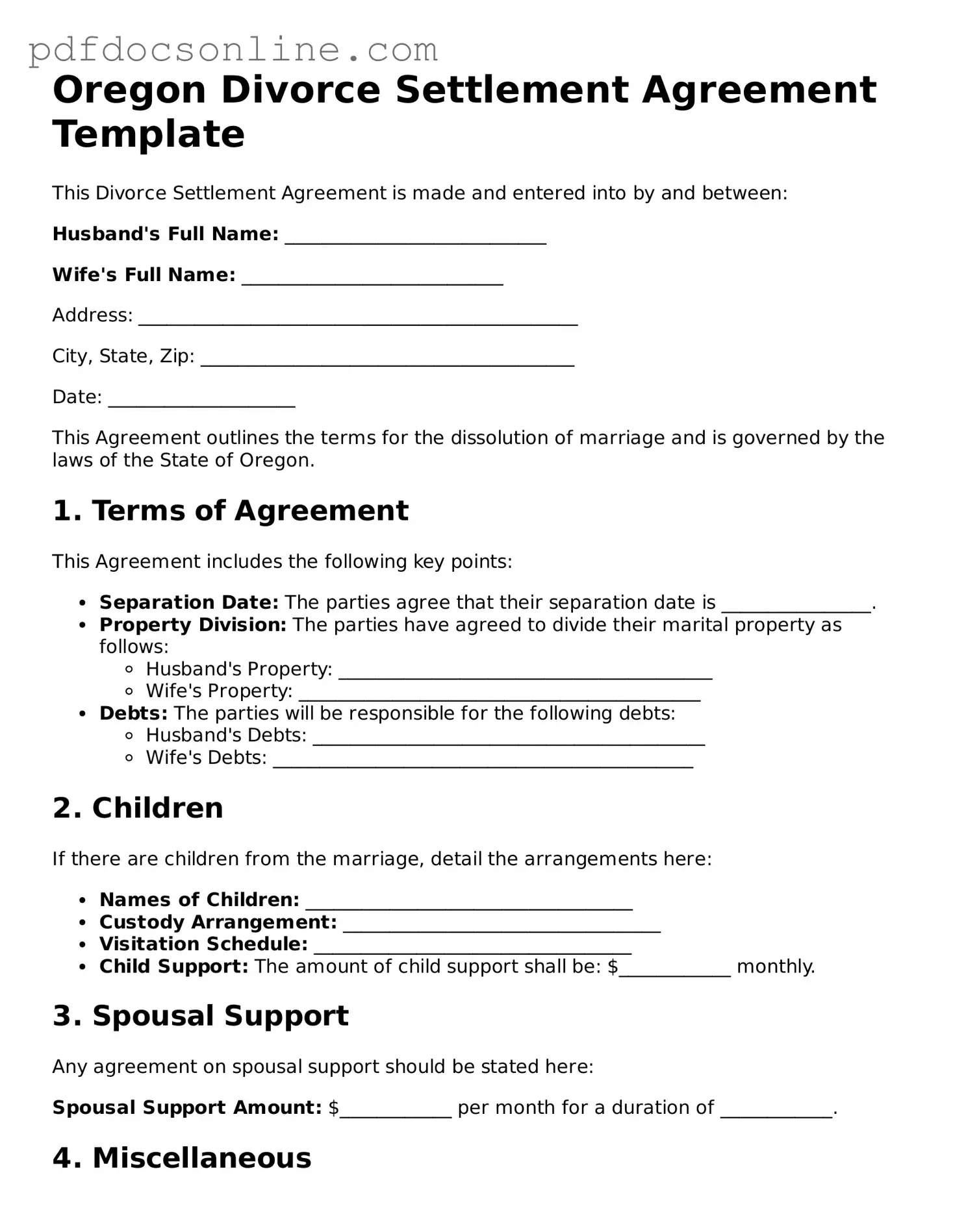 Attorney-Verified  Divorce Settlement Agreement Form for Oregon